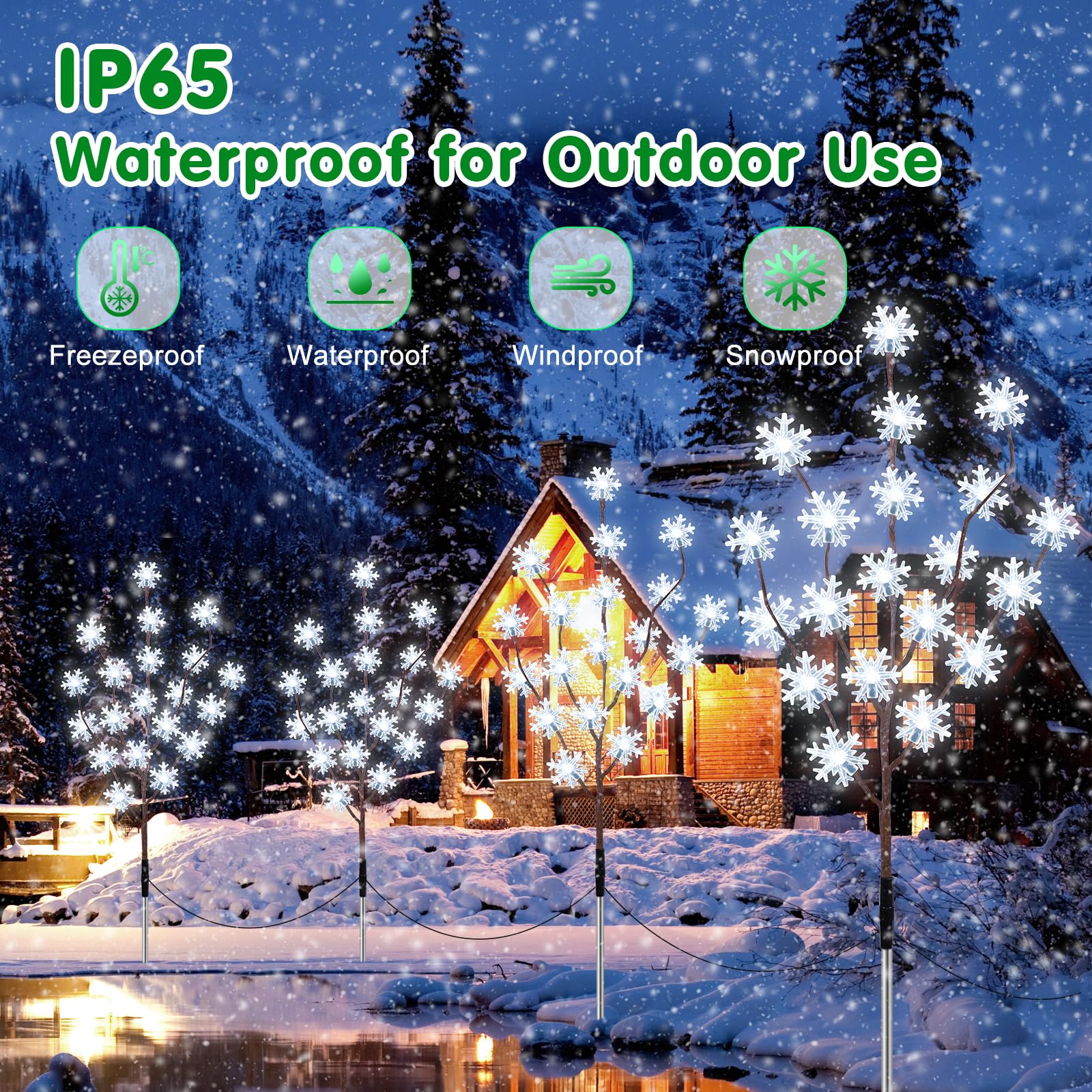 Solar-Weihnachtsbeleuchtung Set – 4 LED Schneeflocken-Lichter Mit Erdspieß, 29,5″ Hoch, IP65 Wasserdicht, 1000 MAh Akku – Für Garten, Terrasse & Hof (warmweiß)