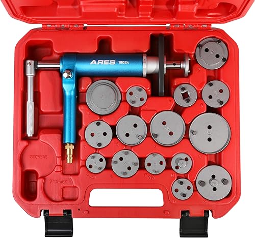 ARES 18024-16 piezas Pinza de freno - Diseño neumático para un uso fácil de una persona - Incluye herramienta de compresor, adaptadores de disco de