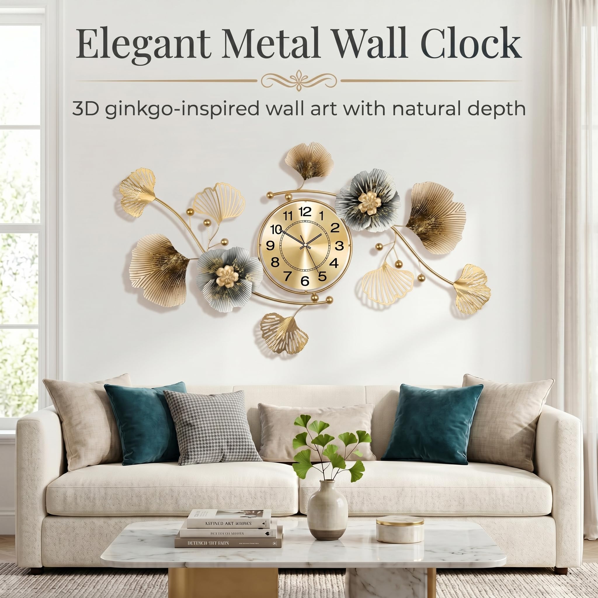 Orologi da parete per la decorazione del soggiorno, grande orologio da parete, design creativo 3D in metallo con foglie di ginkgo, con movimento silenzioso, orologio da parete per la casa