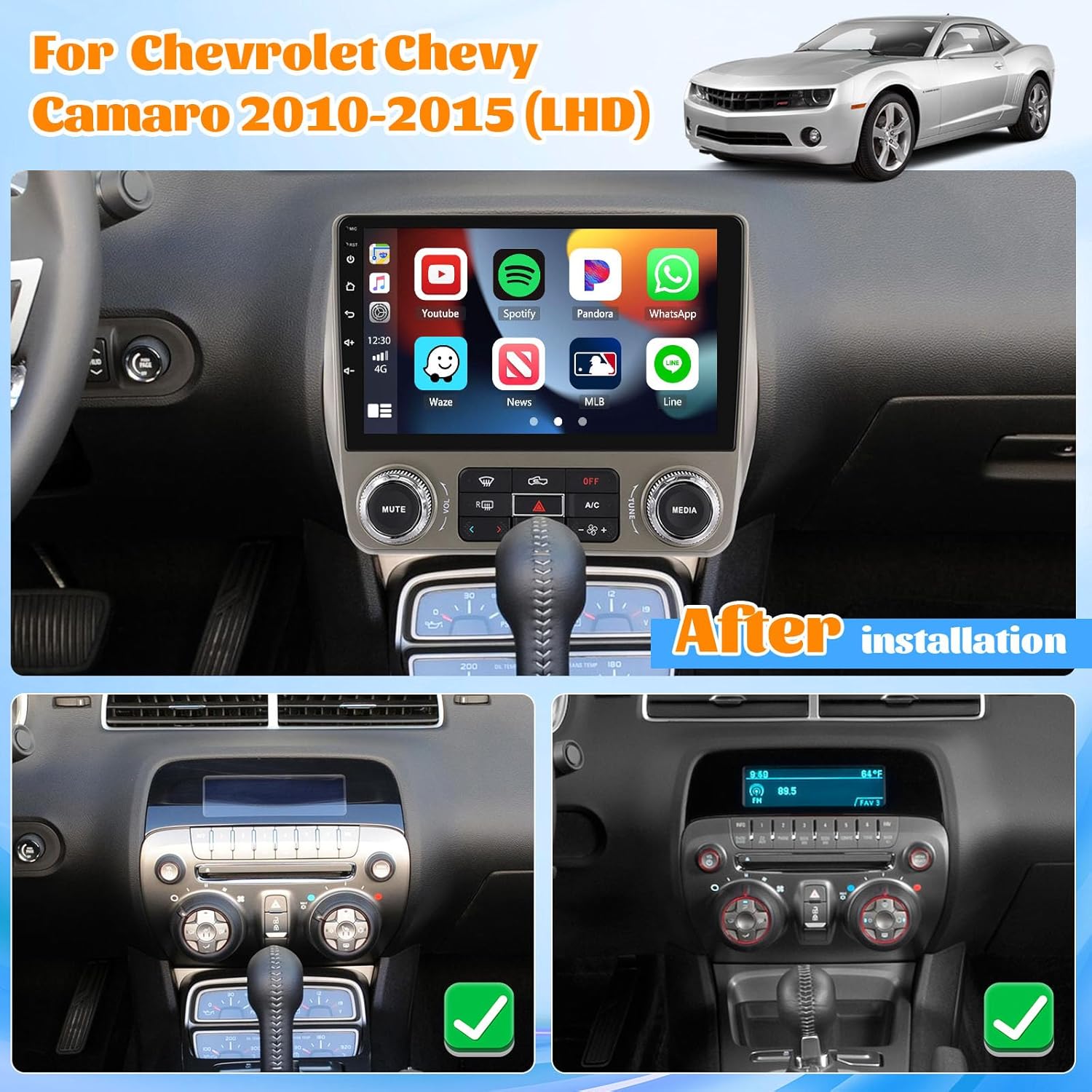 Car Radio for Chevrolet Chevy Camaro 2010 2011 2012 2013 2014 2015 with Wireless Carplay/Android Auto, 9 Inch [2G+64G] Android 13 IPS Touch Screen Bluetooth Radio with GPS, WiFi, DSP