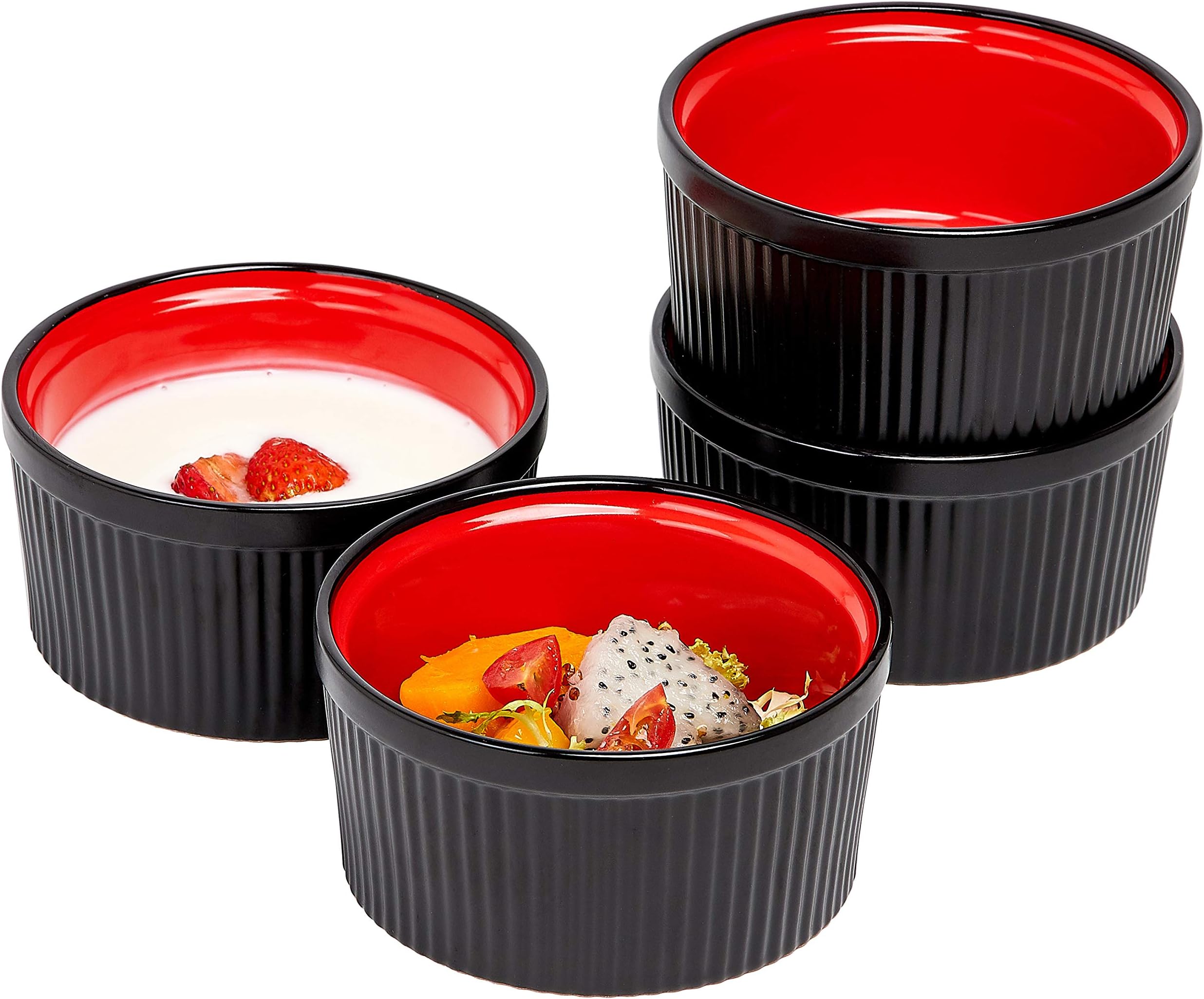 Bruntmor 12 Oz black and red Ceramic Ramekin Set of 4, 12 Ounces black and red ramekins. perfect baking dishes for oven, Popcorn bowl baking set, Ceramic serving bowls for Christmas Gift