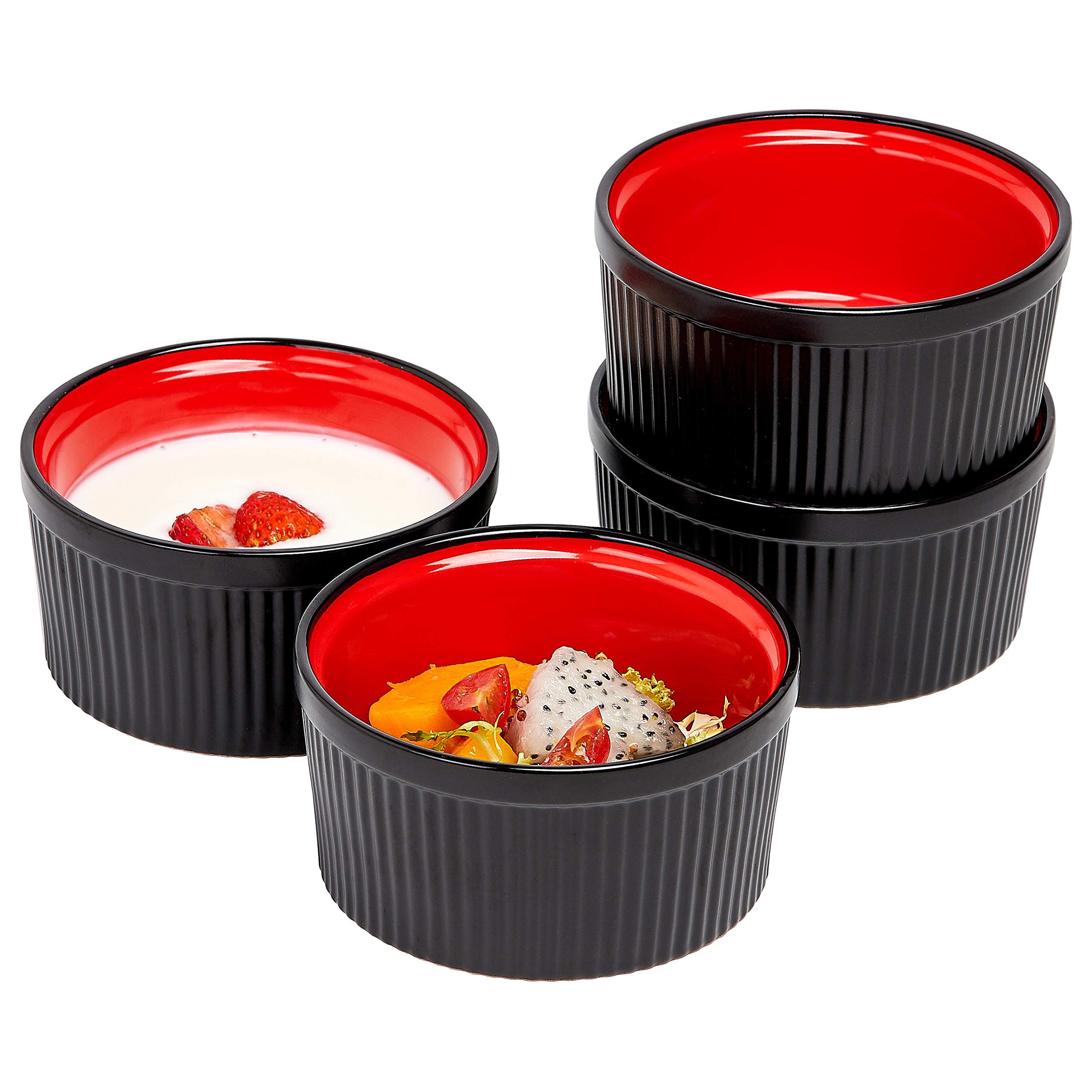 Bruntmor 12 Oz black and red Ceramic Ramekin Set of 4, 12 Ounces black and red ramekins. perfect baking dishes for oven, Popcorn bowl baking set, Ceramic serving bowls for Christmas Gift