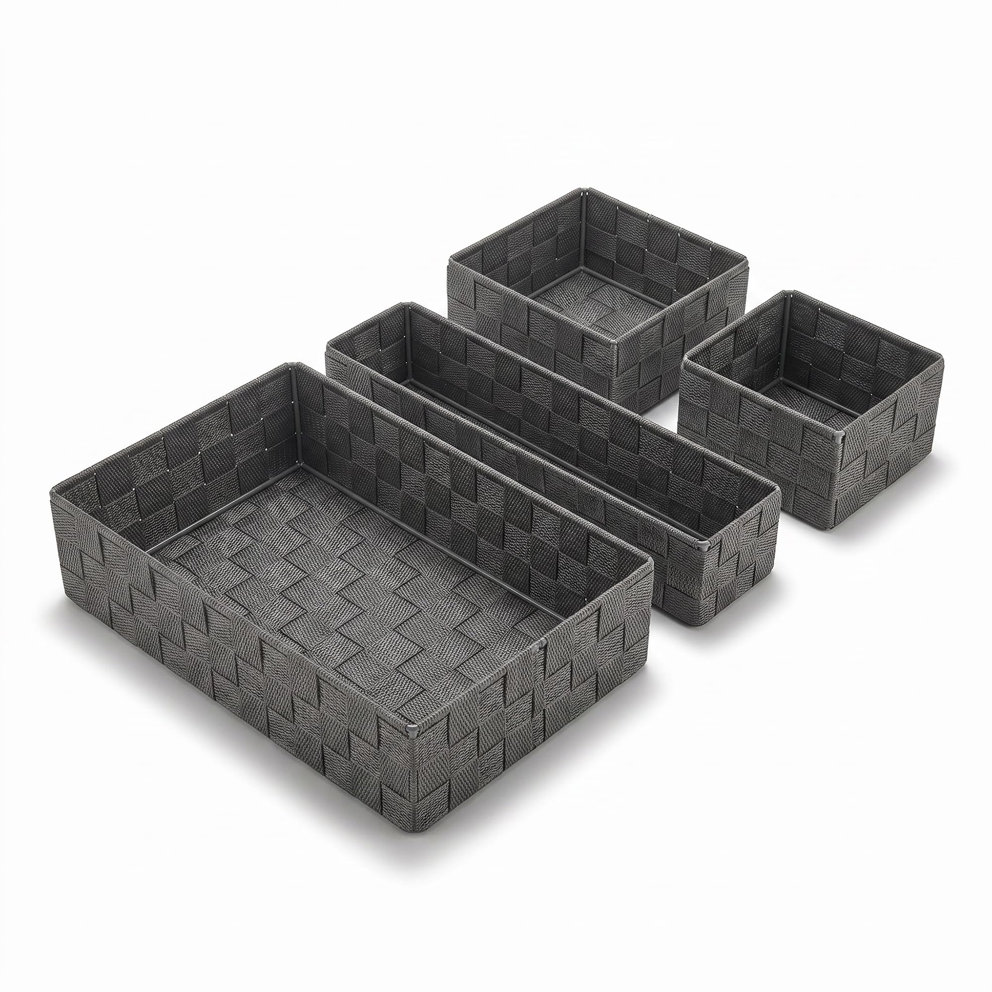 EVOKK 4PC Woven Storage Baskets Set Grey – Multipurpose Organiser Bins for Kitchen, Bathroom, Bedroom, Closet, Desk & Office – Cosmetic & Home Storage Containers