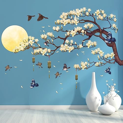 Miniatura 6 de RW-4942 - Calcomanías de pared 3D con ramas de árbol de magnolia blanca y pájaros voladores, despegar y pegar, calcomanías de pared de flores y