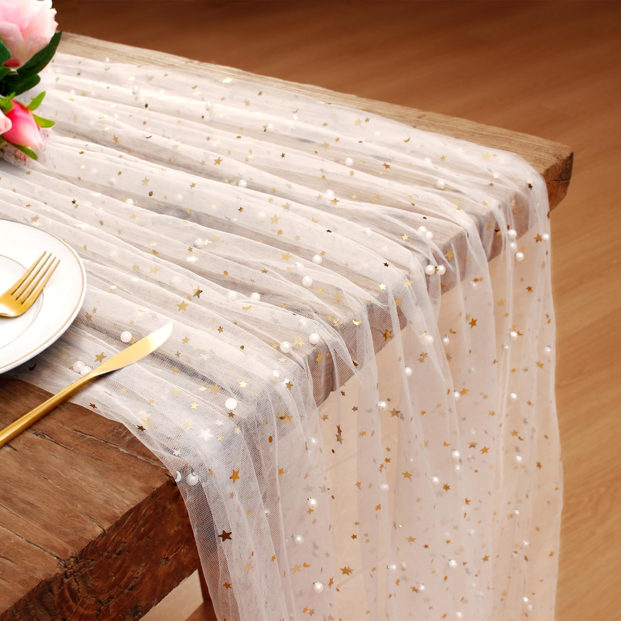 Photo 1 of Gold Table Runner 10FT Gold Sequins with Stars & Moon Decoration Pearl Sheer Tulle Table Runners for Holiday Christmas Wedding Home Decor Party Gathering