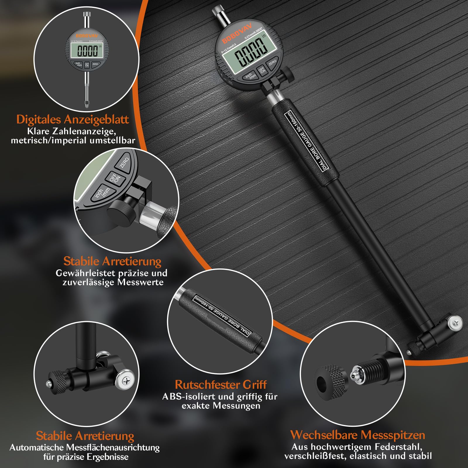 Digital Bohrungslehre Messuhr Set 50-160 mm, Innendurchmesser Messuhr Präzision 0,01 mm Zylinder Messuhr Metrisch/Zoll Anzeige mit 12 Messspitzen für Formabweichungen