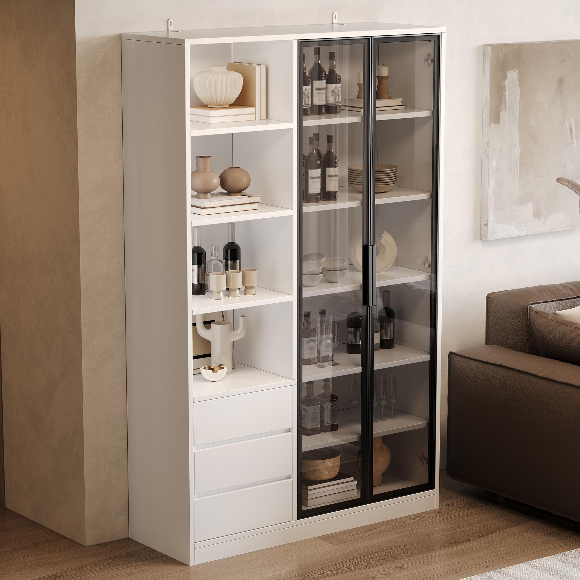 TIZZ Vetrina a 3 cassetti, 2 ante in vetro temperato destra, ripiano regolabile in altezza, design bianco, credenza, armadietto per sala da pranzo, soggiorno, armadietto per vino