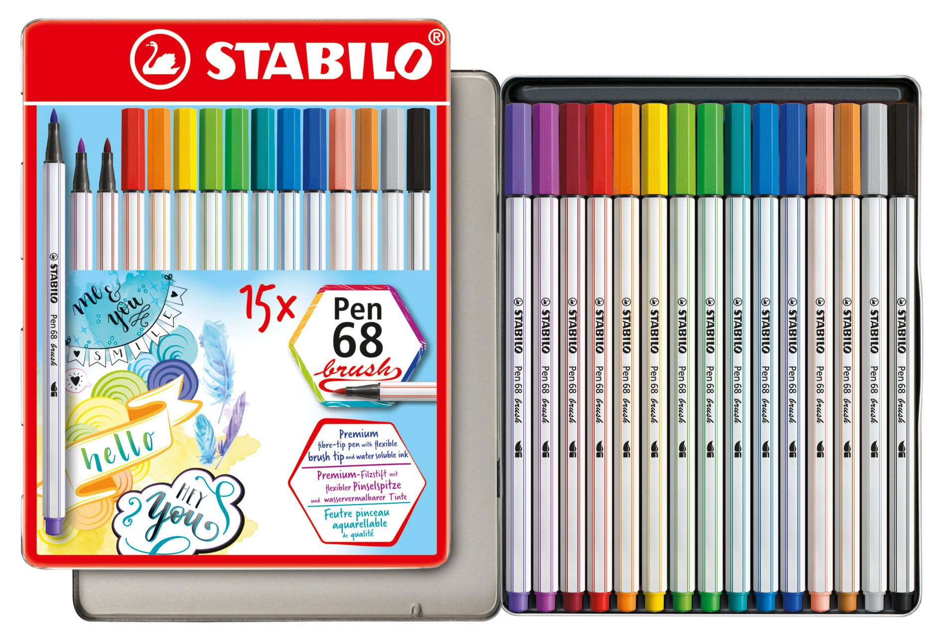 Premium Fiber-Tip Pen with Brush Tip - STABILO Pen 68 brush - Tin of 15 - Assorted Colors