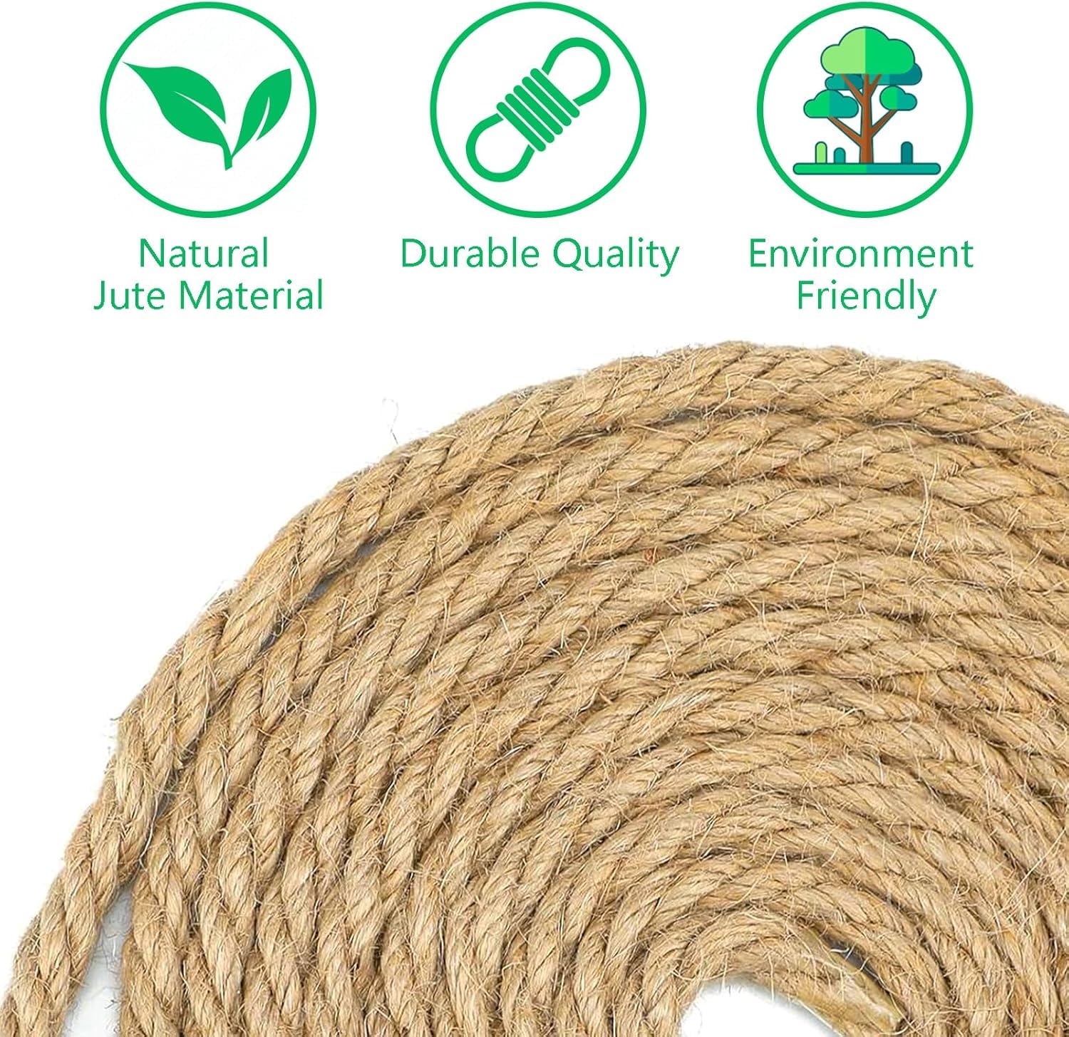 Cuerda de Yute y Cáñamo Natural, 14mm x 15m, Gruesa para Rascador de Gatos, Artesanía, Embalaje y Decoración