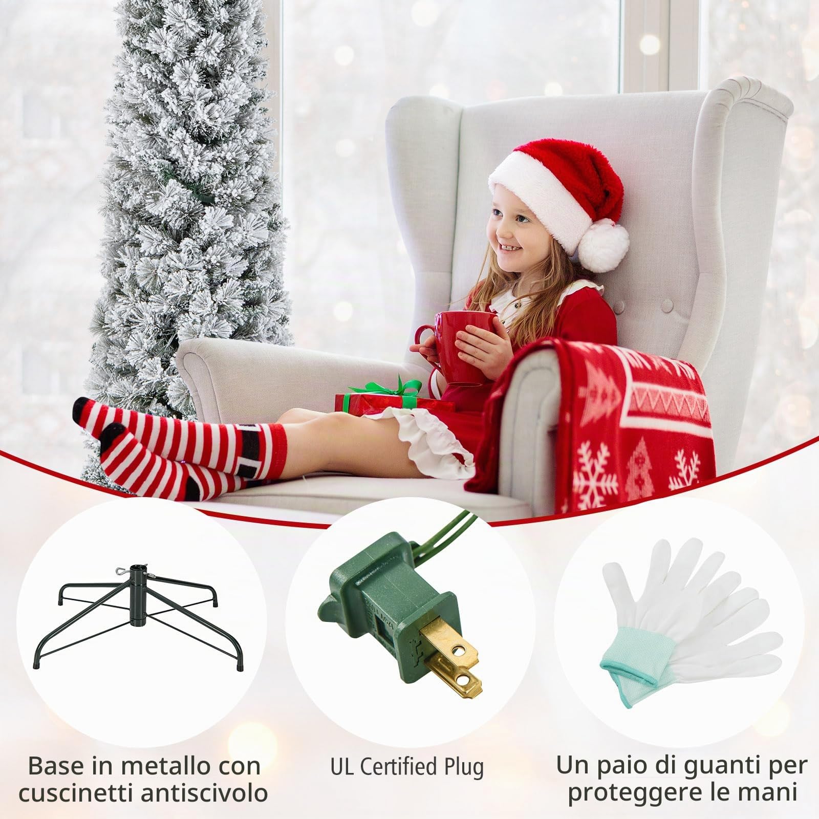 REALAX4LIFE Albero di Natale Slim 180 cm, Albero di Natale Innevato con 150 Luci LED, Rami a Ombrello, Dcorazione per le Feste