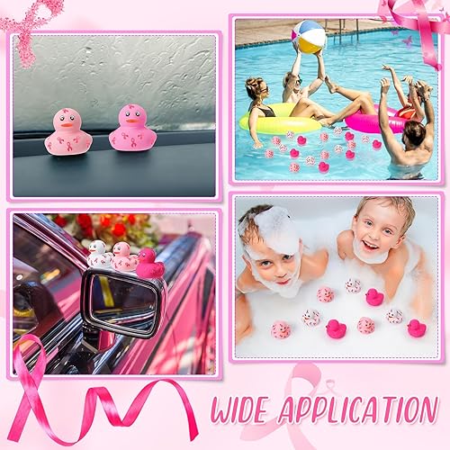 Miniatura 5 de 72 piezas de pato de goma rosa de 2 pulgadas, mini patos de baño con cinta rosa, 4 colores, concientización sobre el cáncer de mama, juguete de baño
