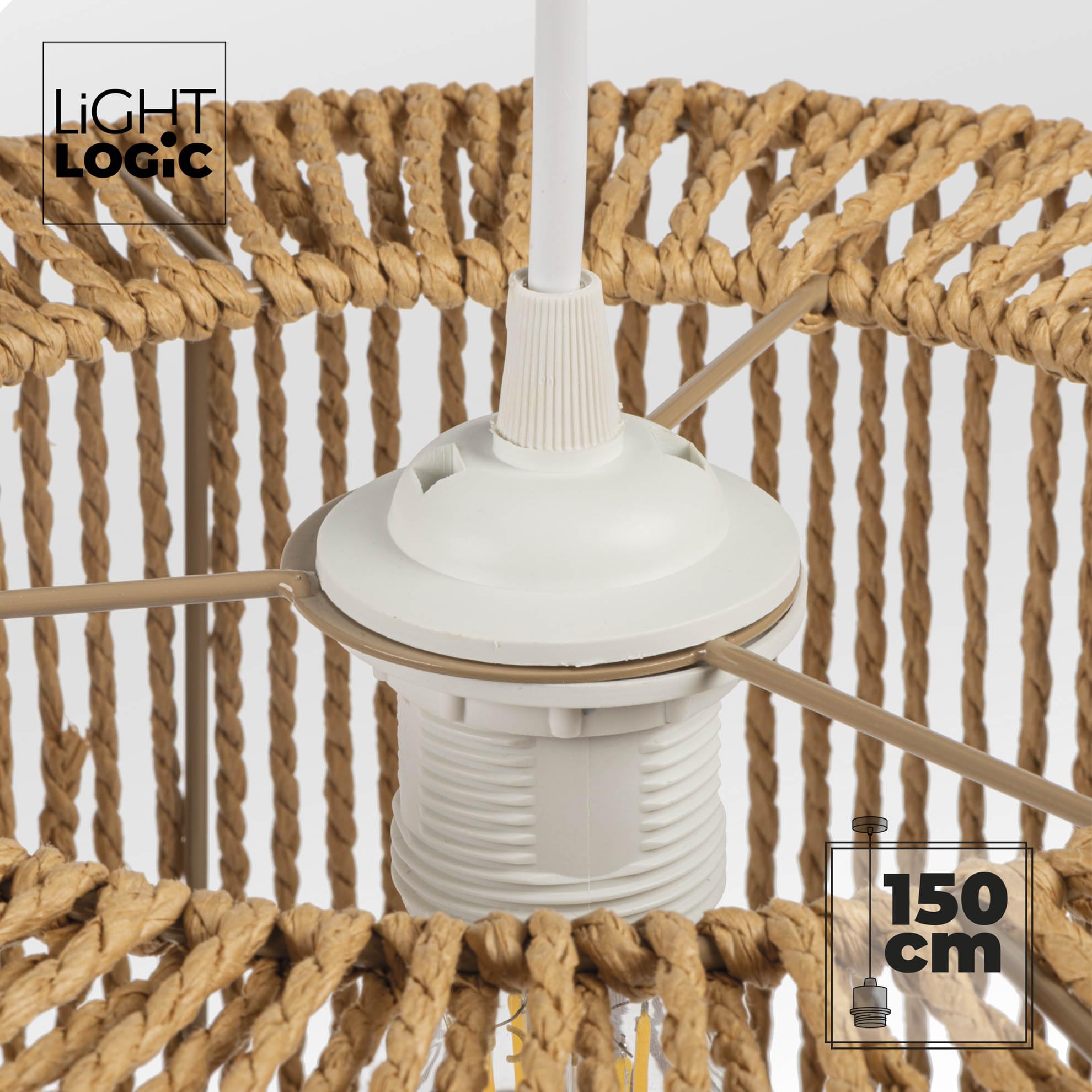 Suspension ARILAS – Lampe pendant de style bohème pour salle à manger avec douille E27 et abat-jour beige – Élégante suspension tressée pour salon et chambre – Plafonnier au design raffiné