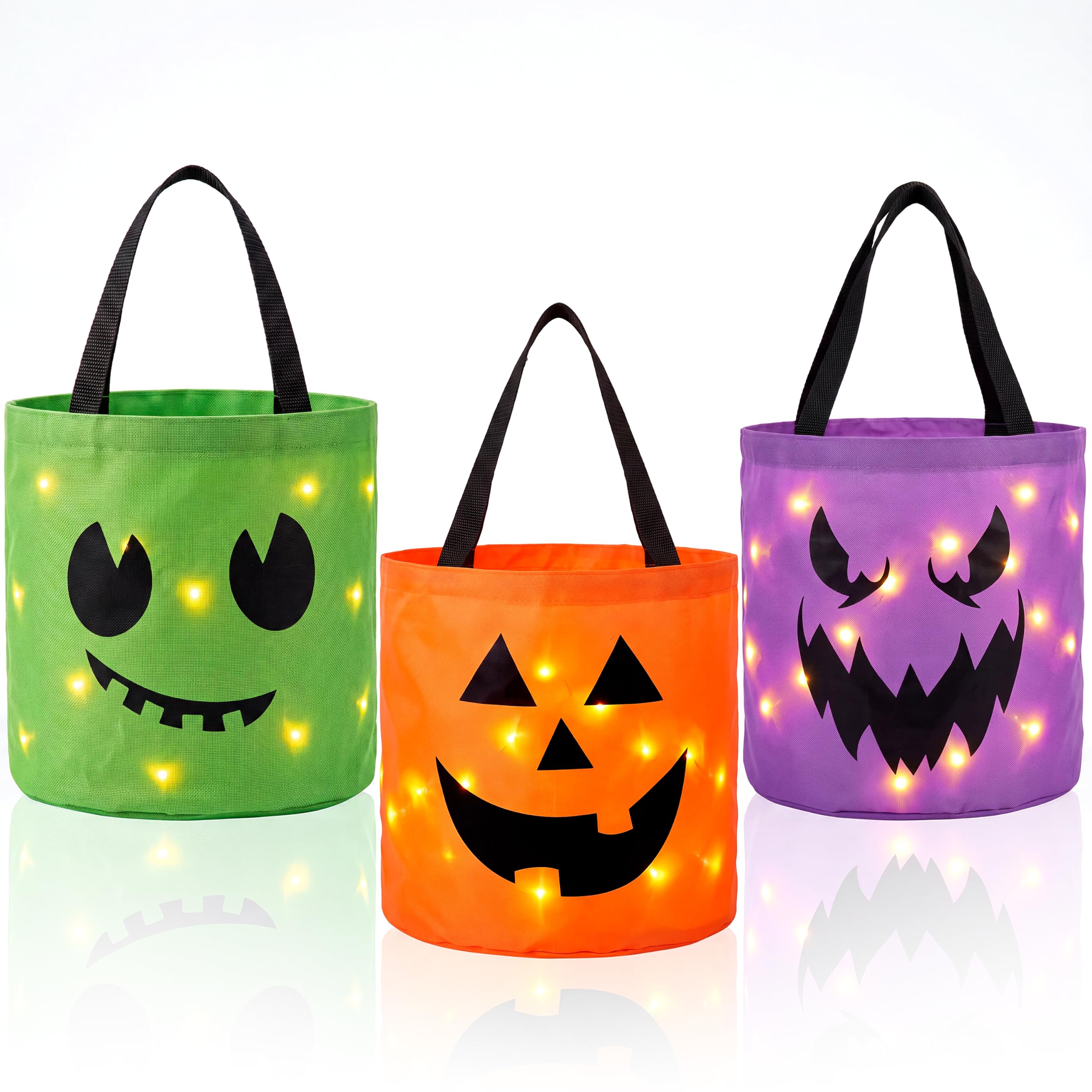 JOYIN Halloween LED Light Pumpkin Bucket 3 Color 3 PCS, Glow in The Dark Pumpkin Trick or Treat Buckets for Kids, Light Up Halloween Candy Bucket, Pumpkin Bucket Set, Halloween Basket