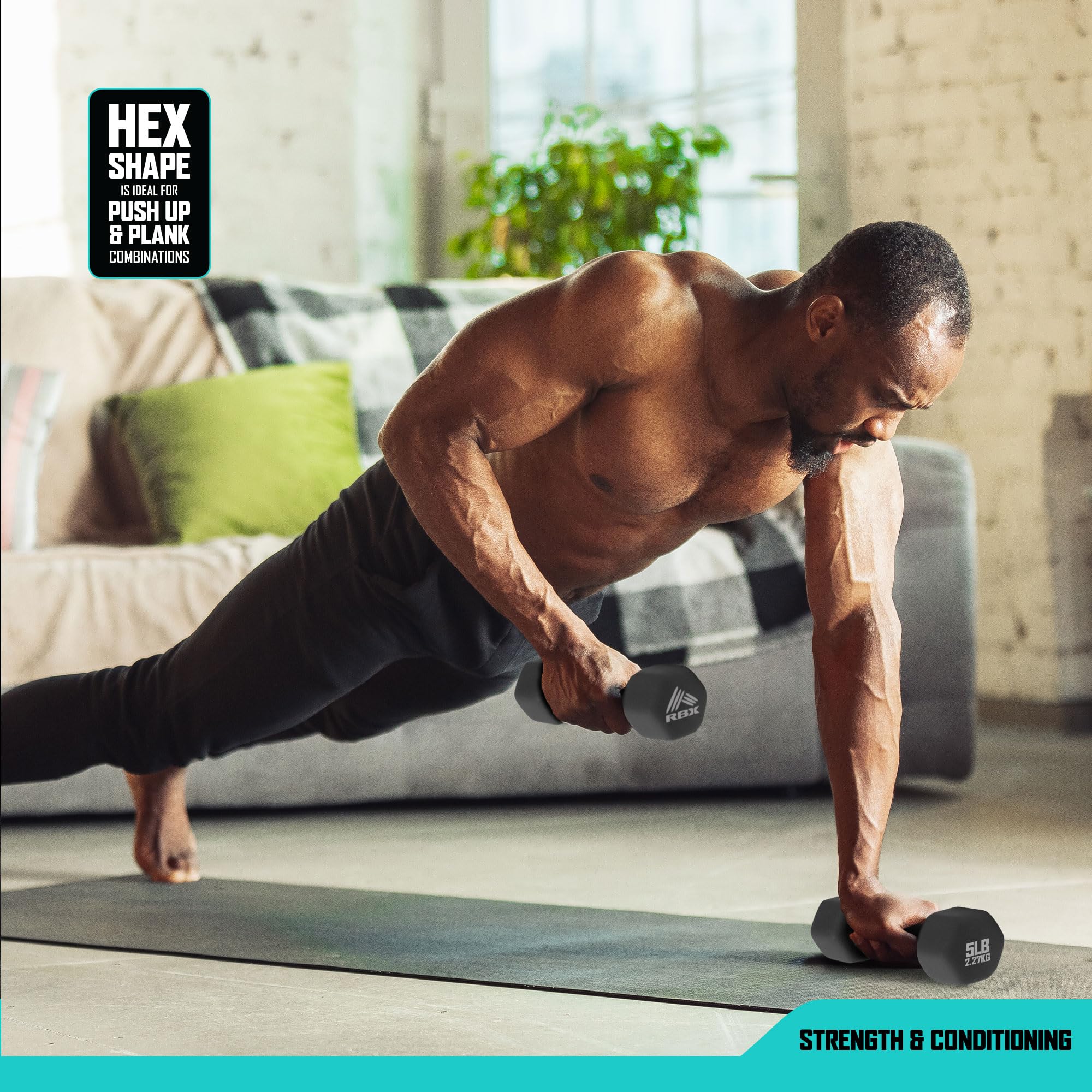 RBX - Juego de mancuernas de neopreno con agarre antideslizante, equipo de entrenamiento de fuerza para el hogar o el gimnasio, no se enrolla