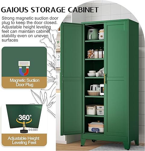 Miniatura 90 de Armario de almacenamiento de metal de 71 pulgadas de alto con 2 puertas y 4 estantes ajustables, armario de despensa de cocina, armario Blanco