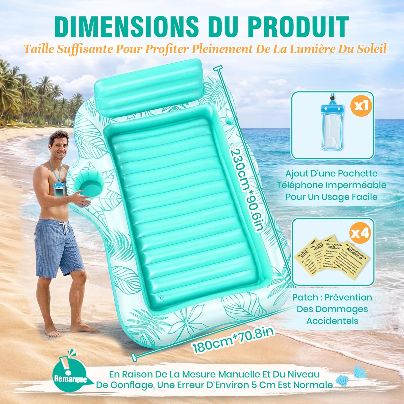 Charmofun Double Piscine de Bronzage Gonflable, 230 * 180 cm Matelas Gonflable Bronzage Tanning Pool avec Bac à Glaçons & Pochette Étanche, Matelas Eau Bronzage pour Adultes Jardin Plage Piscine