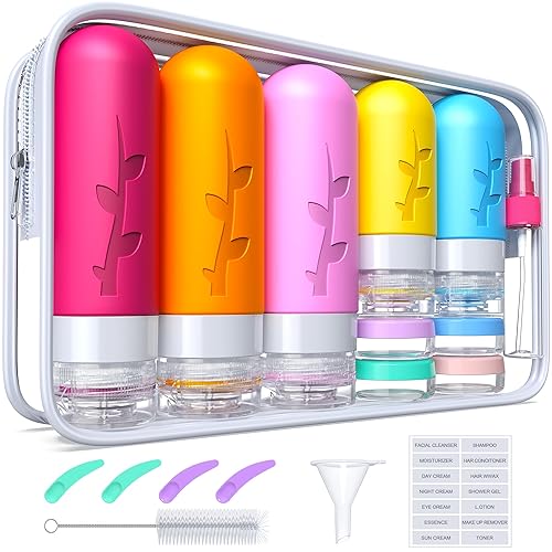 Paquete de 19 botellas de viaje para artículos de aseo, contenedores de silicona aprobados por la TSA de tamaño para viaje, accesorios de viaje a