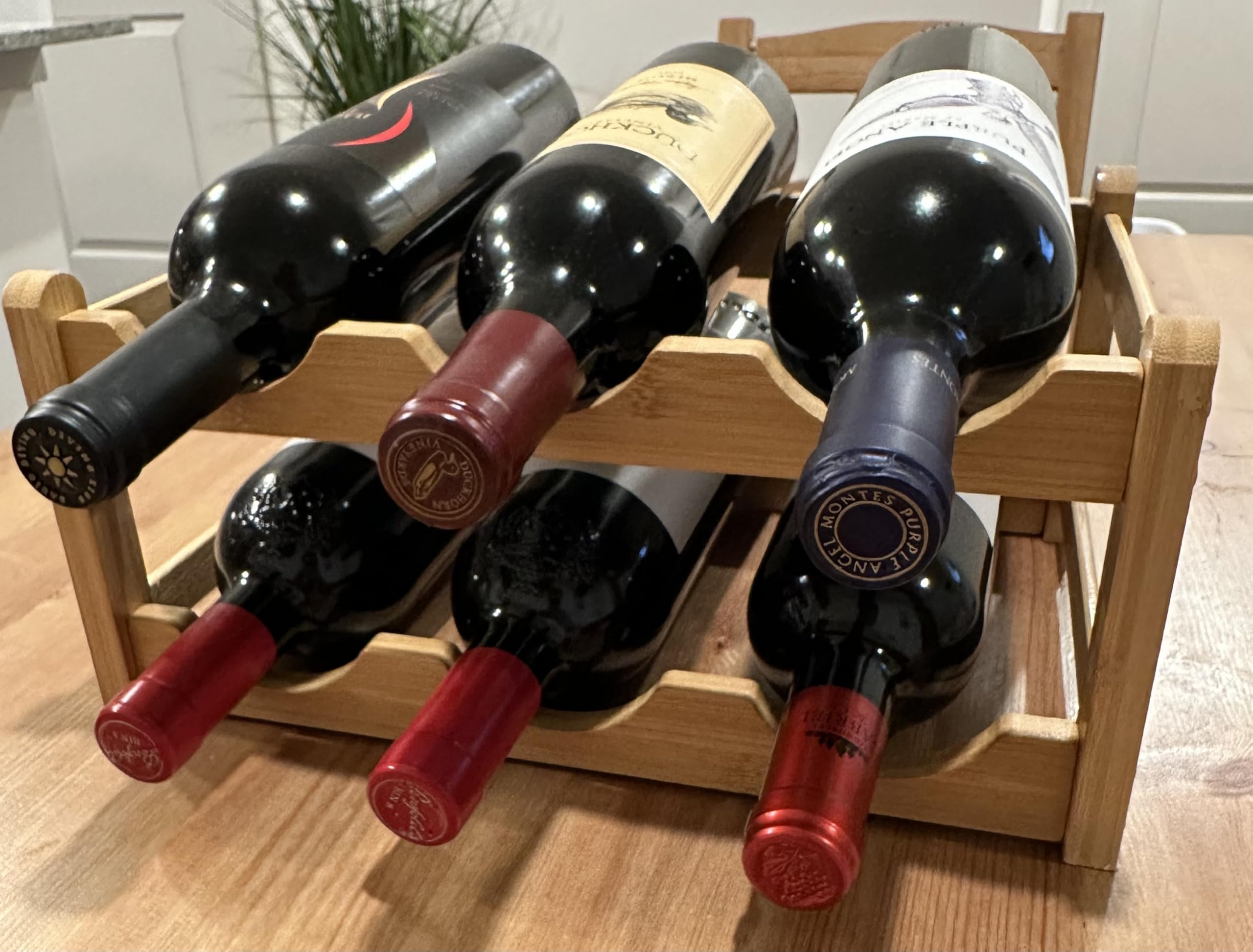 Botellero de bambú para 6 botellas, 2 niveles, fácil de montar, ahorra espacio para los amantes del vino, organizador de vino de cocina (madera natural)