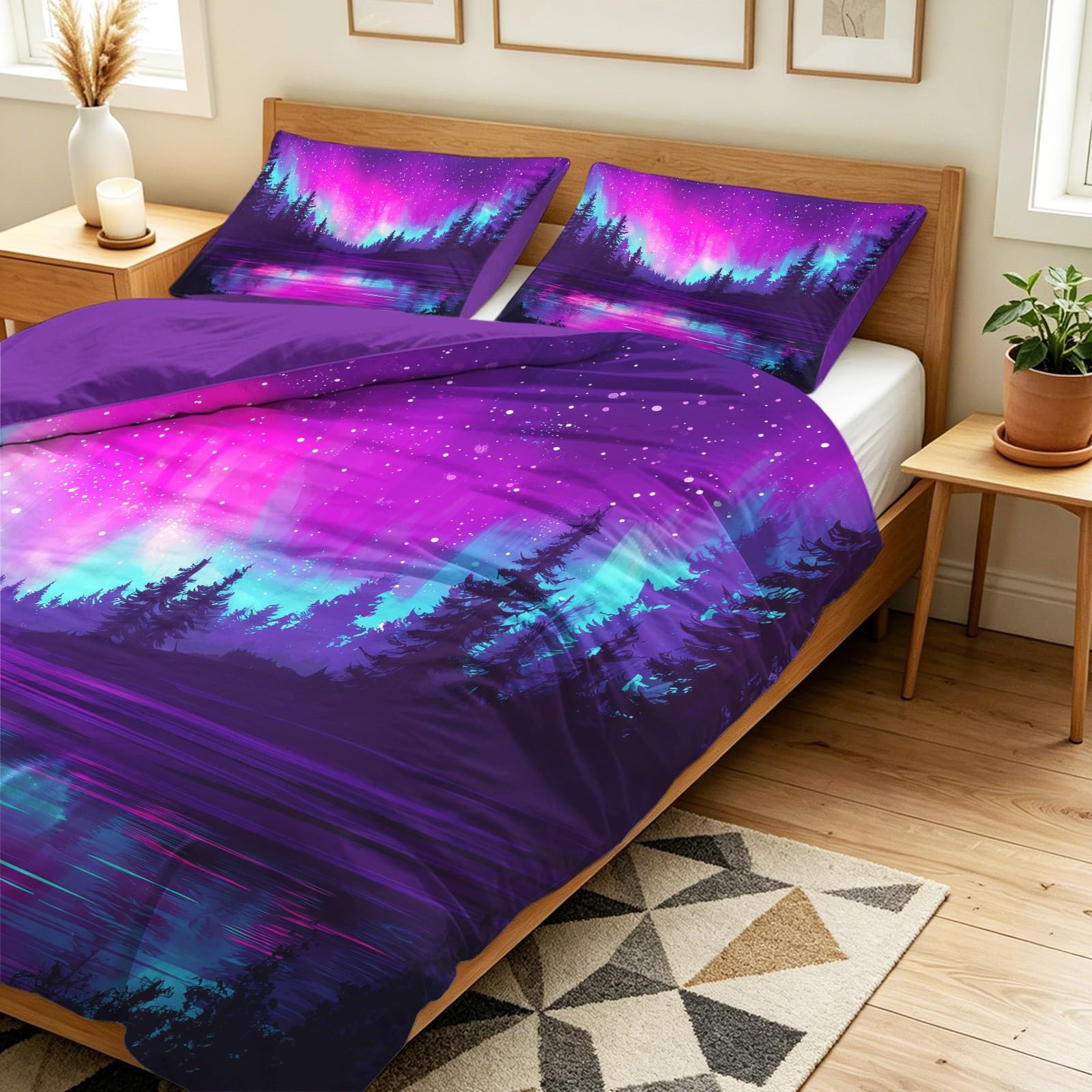Générique Fantasy Aurora Poszwa na kołdrę Dreamer Lake Forest Zestaw pościeli Zestaw pościeli Dzieci Dorośli 260 x 240 cm z miękką poszewką na poduszkę Dekoracja pokoju, fioletowy