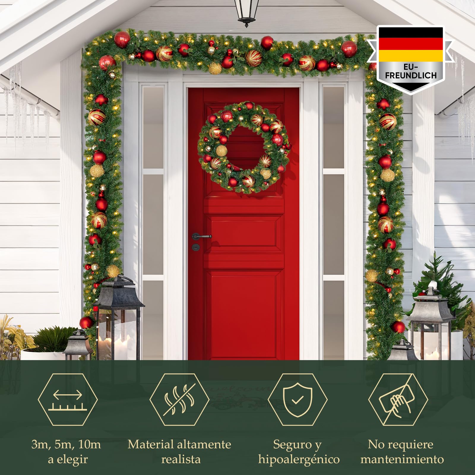SALCAR Guirnalda de Navidad Verde 5m con 200 Luces LED, Guirnalda de Abeto Decorativa para Chimeneas, Escaleras y Puertas