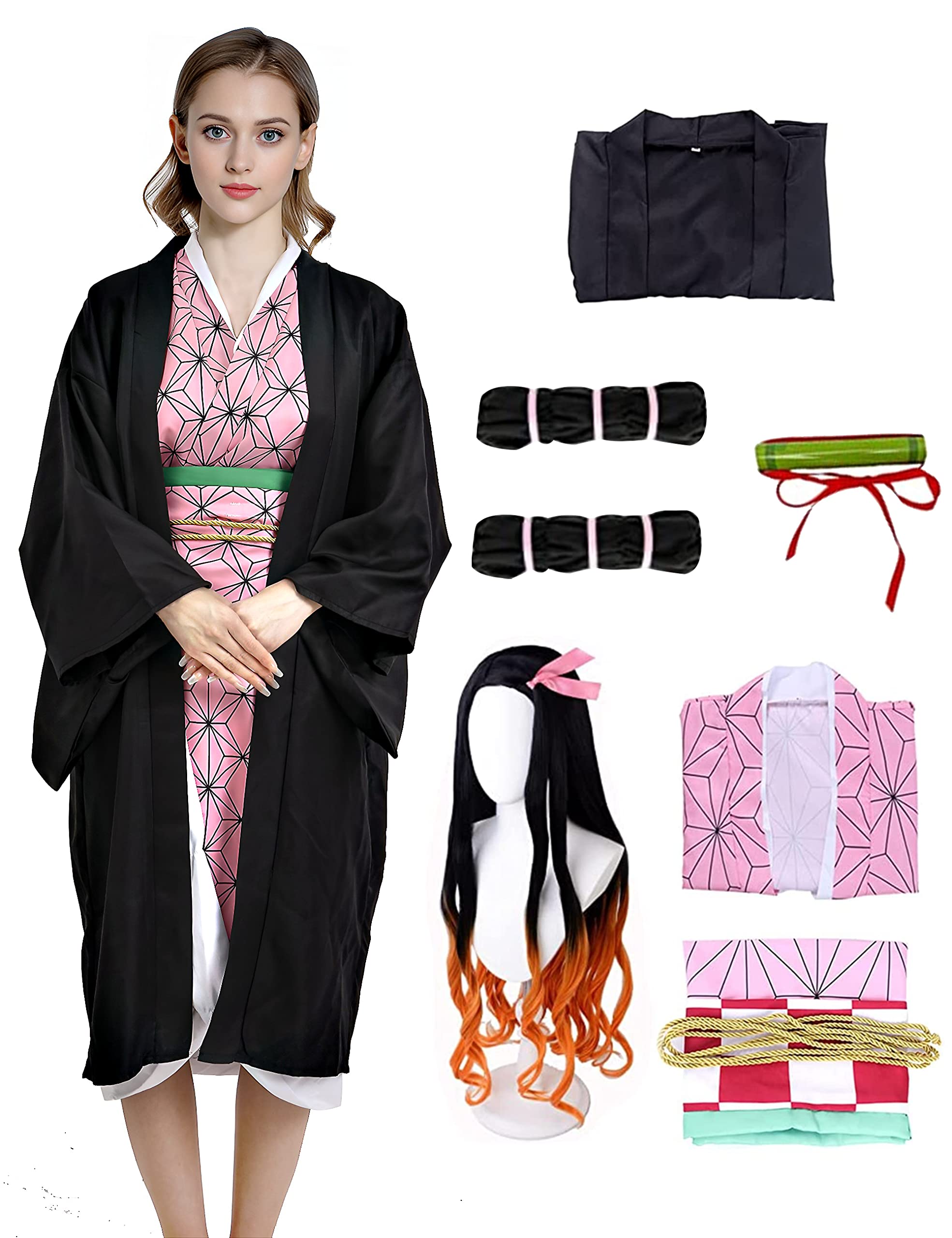 HislovyNezuko Cosplay Costume for Adult Women,9PCS Janpanese Anime Manga Kimono Cosplay Halloween Carnaval Pretend Play Fancy Dress (Pink Set, M)
