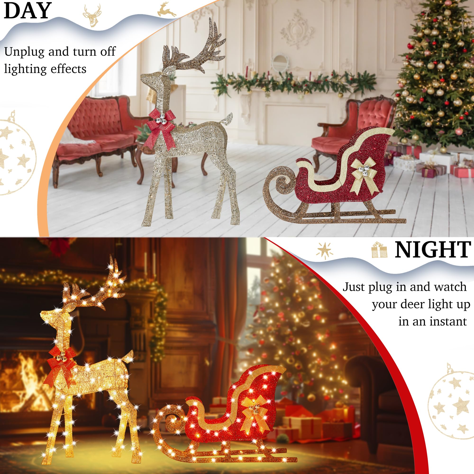 132 cm 3D Gold Groß beleuchtet Weihnachten Rentier & Schlitten Dekorationen 2 Stück Outdoor Urlaub Dekorationen Rentier Set mit 160 warmweißen LEDs Große Hofanzeige für Garten Schaufenster