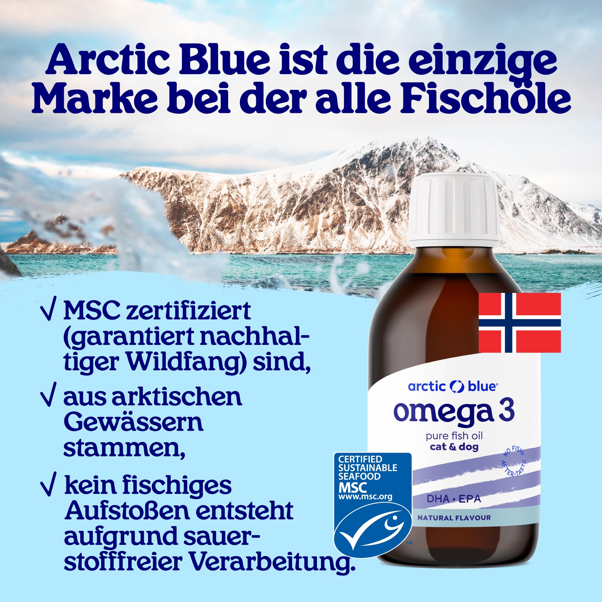 Arctic Blue Premium Omega 3 Fischöl 300ml für Hunde und Katzen in Lebensmittelqualität - Omega 3 & 6 Fettsäuren mit EPA & DHA - Öl für gesunden Stoffwechsel, glänzendes Fell und gesunde Haut