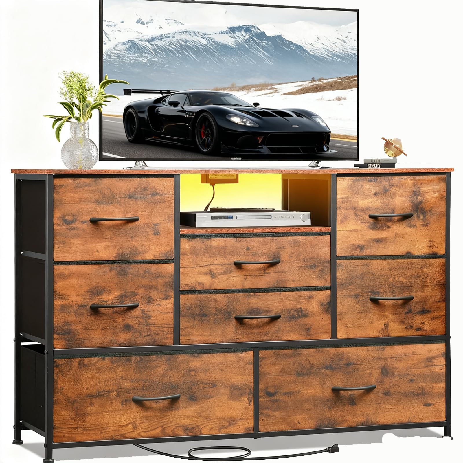 farmhouse tv stand for 50 inch tvs, 47" entertainment center with 8 drawer and rgb led, farmhouse media console for living room, bedroom, brown