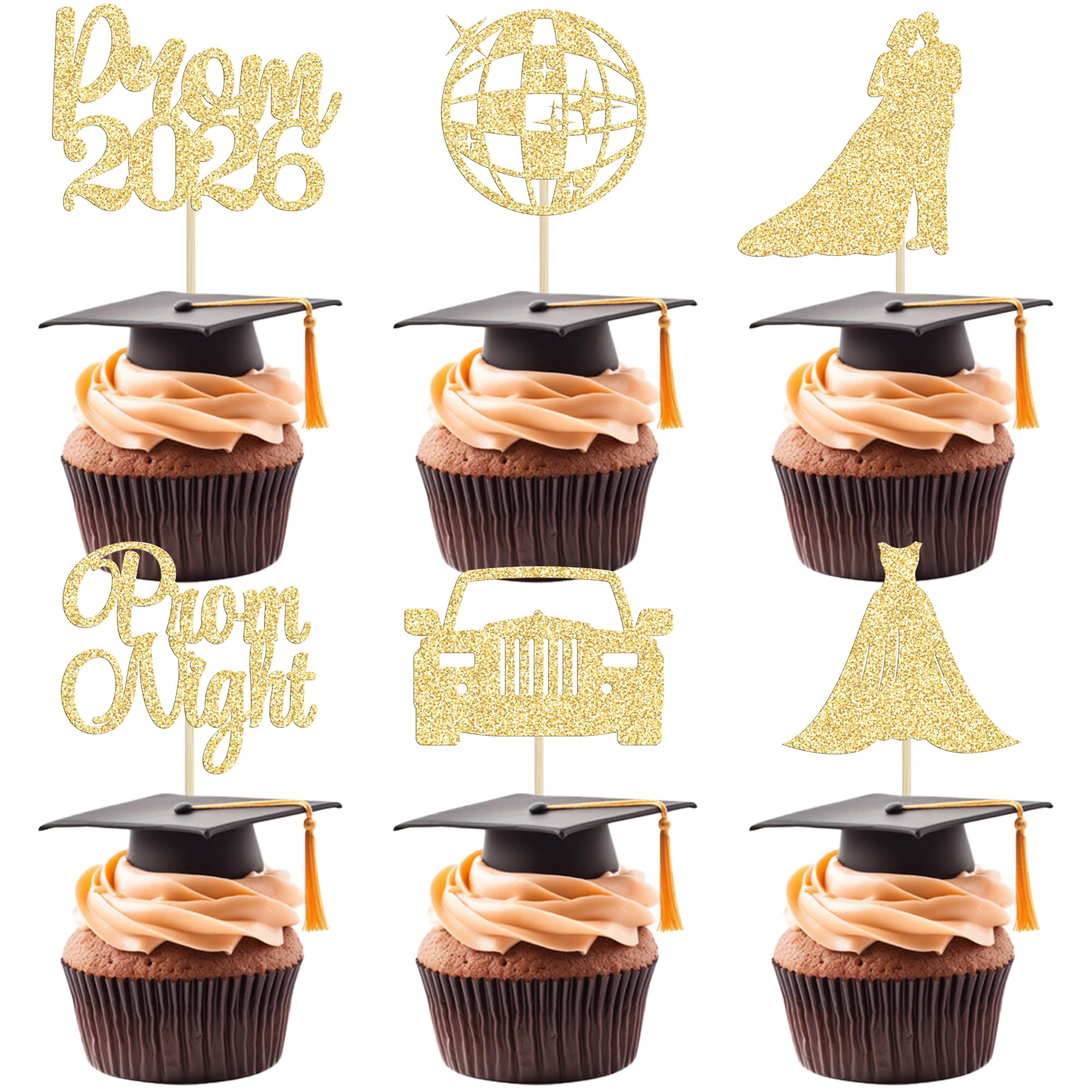 Ephlyn 24Pcs 2026 Graduation Cupcake Toppers Glitter Prom Cake Toppers 2026 Prom Cake Decorations for Class of 2026 Graduation Party Decorations Supplies Gold