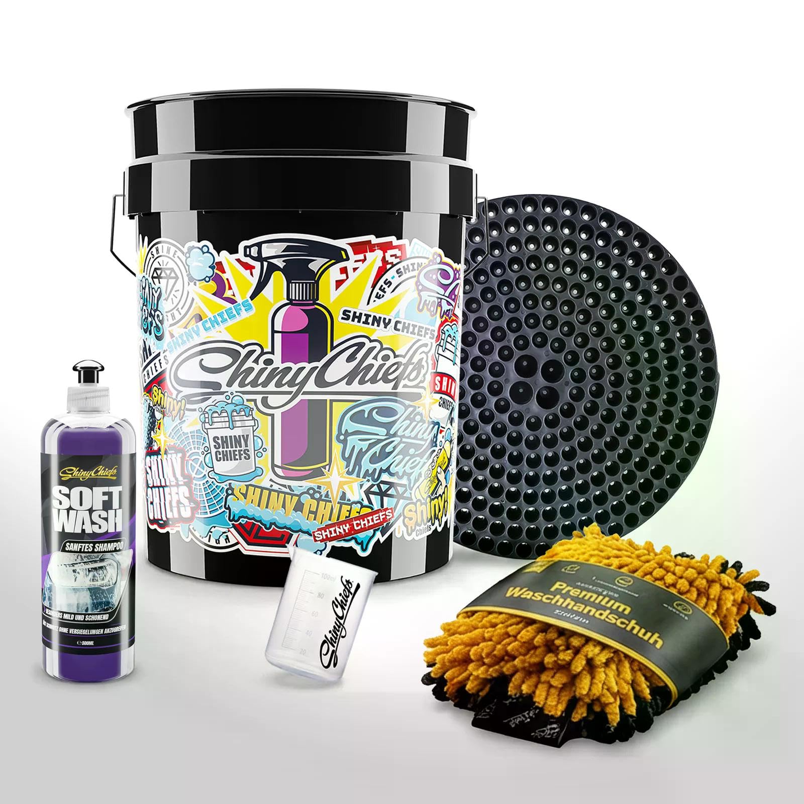 ShinyChiefs Auto Pflege System Basic - Autowasch Set | mit 20L Eimer, Schmutzsieb, pH-neutralem Shampoo, Waschhandschuh & Messbecher