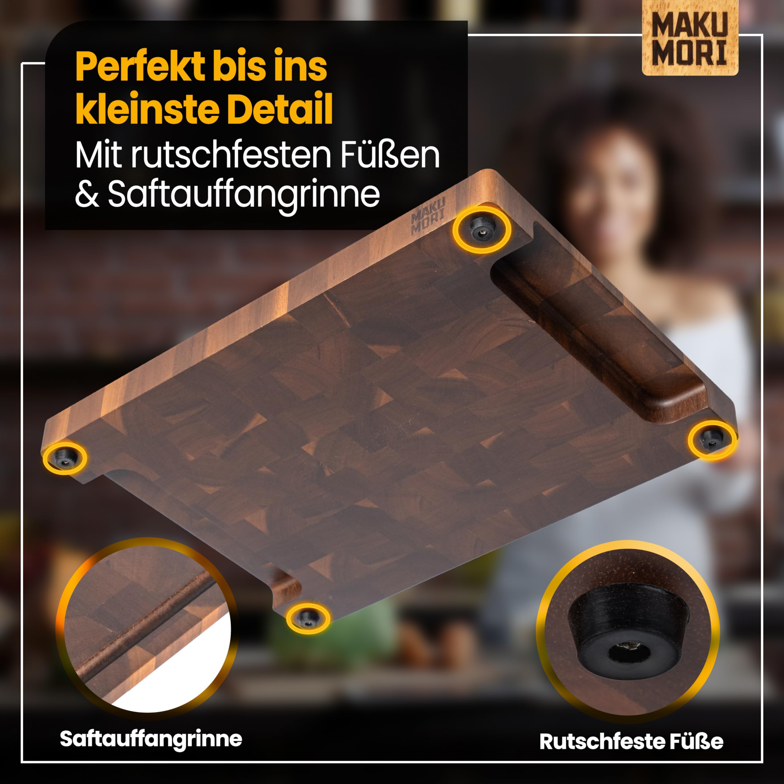 Premium Stirnholz Schneidebrett Massivholz 40x29x3cm Akazie Dunkel | Küchenbrett aus Akazienholz karbonisiert; FSC®; End Grain; tiefe Saftrinne; extra große Griffmulden; rutschfeste Gummifüße