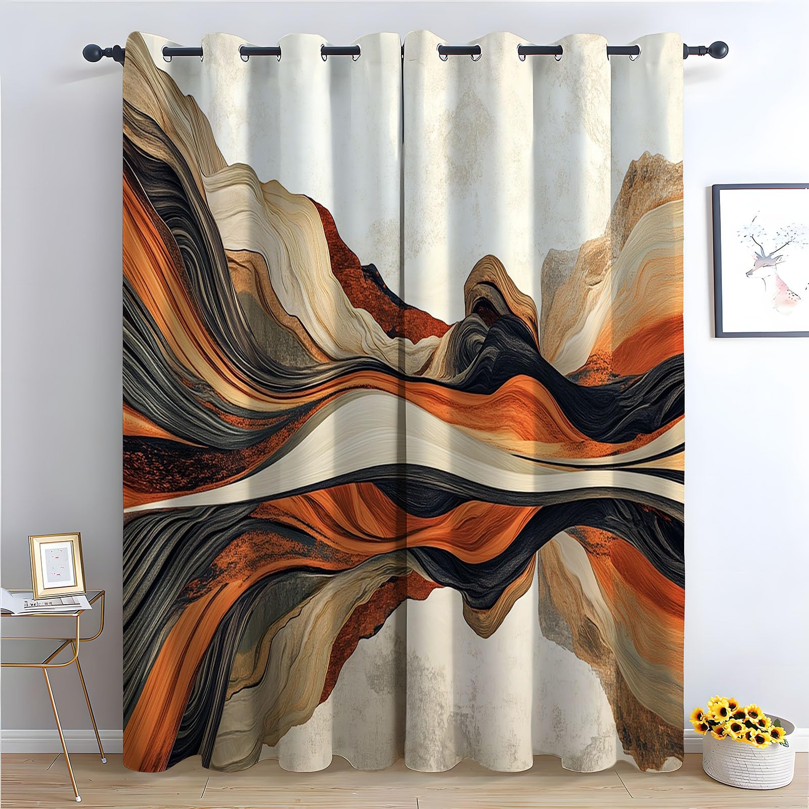 Blickdichte Gardinen - Wirbel erdtöniger Berg Moderne geometrische Kunst Abstrakt Thermovorhang, Verdunkelungsvorhang für Wohnzimmer und Schlafzimmer-H160 x B100 cm (2er Pack)