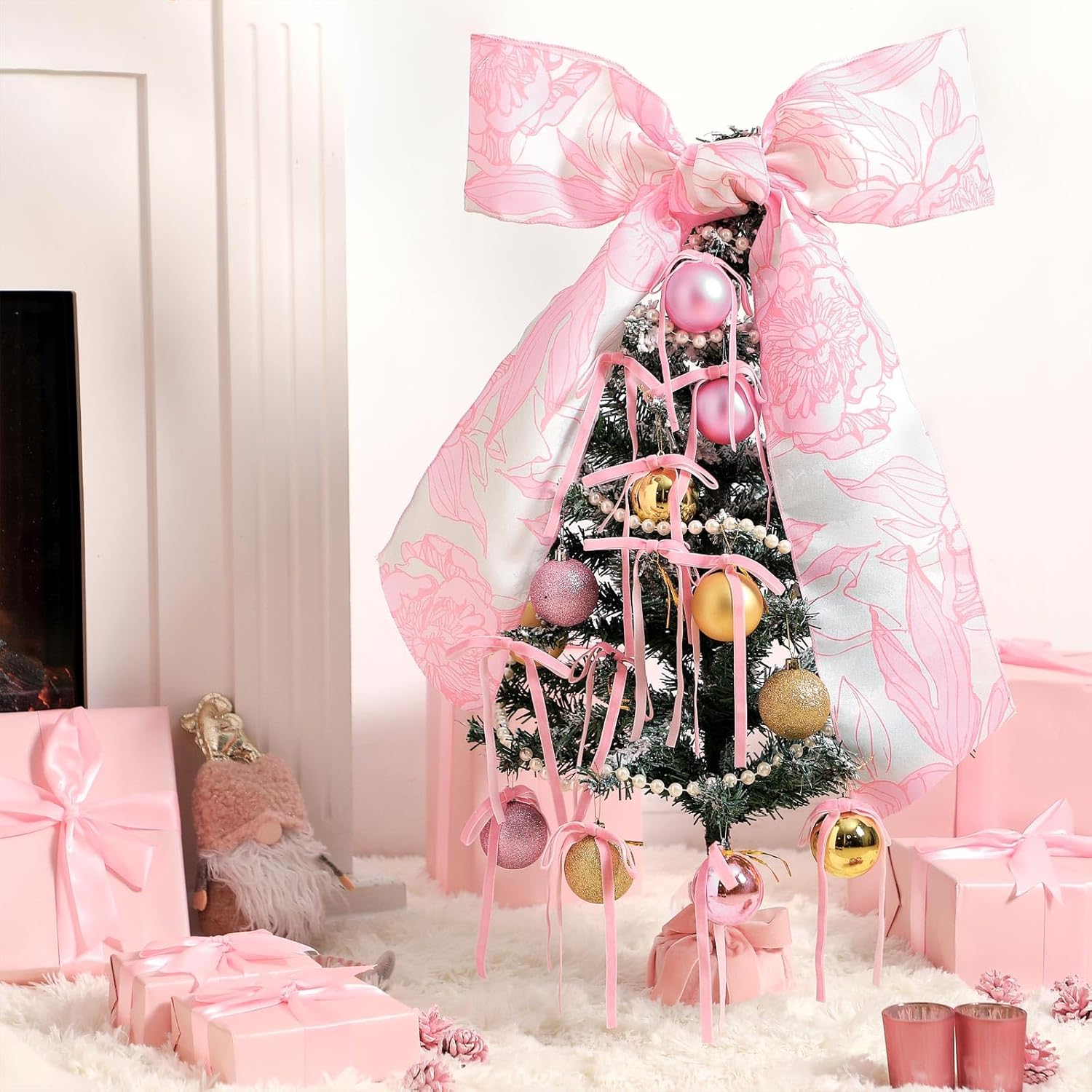 35.5 Inch Coquette Christmas Tree Table Decor Love DIY Mini Snowflake Xmas Tree Craft with Pink Bow Topper Balls Pearls for Girl Home Office Decoration