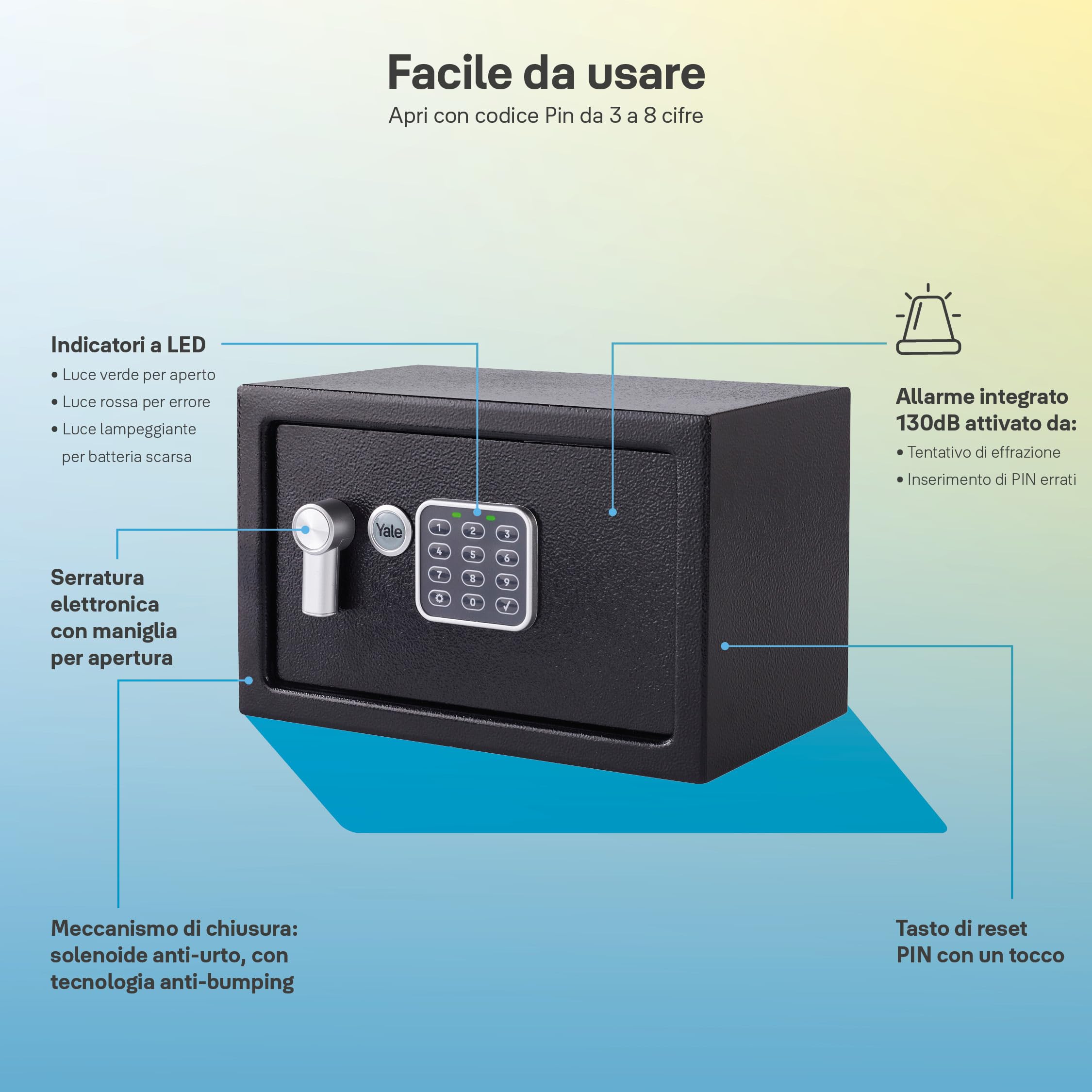 YALE Cassaforte Elettronica con Allarme Piccola YEC/200/DB2 Nero, Allarme Integrato 130 dB, Struttura e Bulloni di Bloccaggio in Acciaio, Versione Corrente