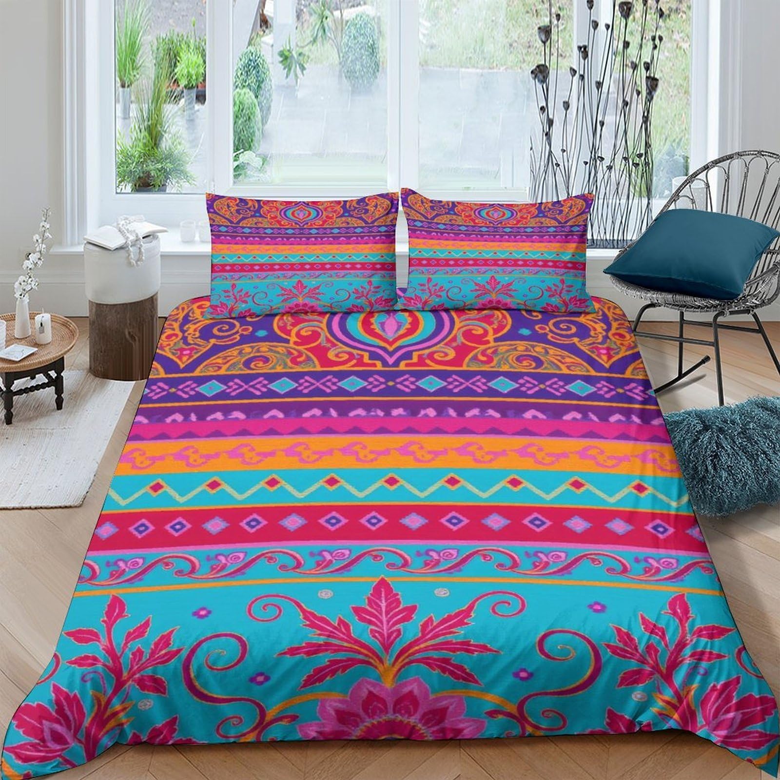 Ctjqhvkz Style-9 3D Printed Boho Mandala Fitted Sheet Microfiber Vibrant Ethnic Floral Mattress Cover Bedroom Decor Slip Resistant Washable Single（135X200cm）