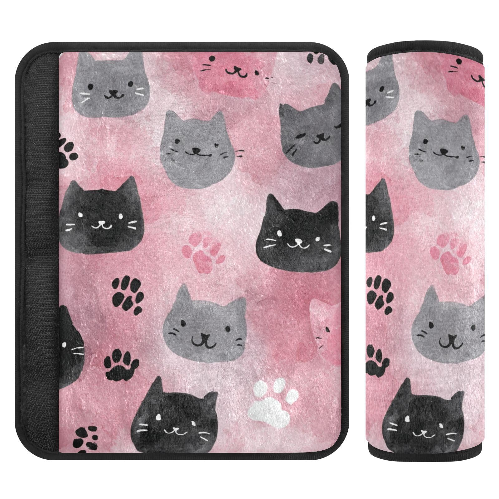 2 Pack Seatbelt Covers Seat Belt Cover Pad for Adults Boys Girls Car Seat Strap Covers Pads Cushion Universal Shoulder Strap Pad Protector for Backpack Camera Bag 10x7.7Inch Watercolor Cat Faces Pink