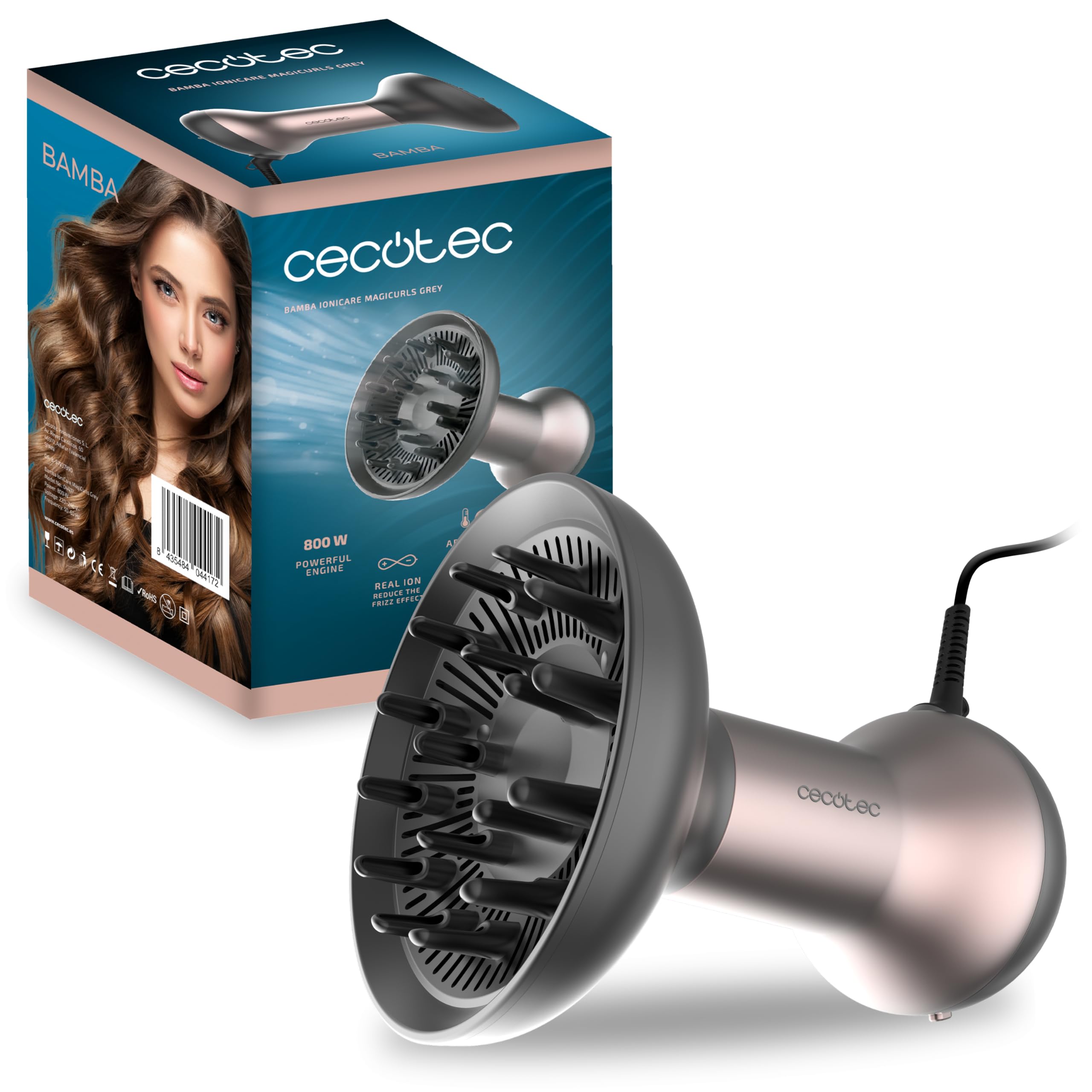 Cecotec Secador Difusor de Pelo Bamba IoniCare MagiCurls Grey. 800W, 3 Modos, Tecnología de Iones para Eliminar el Frizz, Difusor de 17 Púas, Cable giratorio 360º de 1,6m
