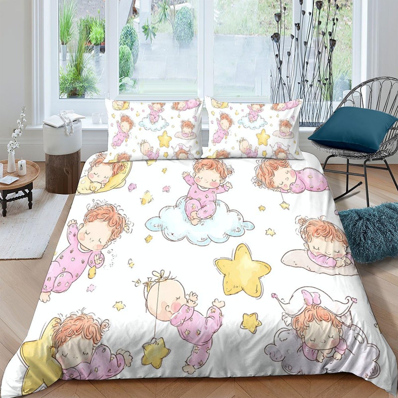 Ctjqhvkz Style-5 3D Printed Cartoon Angel Fitted Sheet Microfiber Soft Pink Star Mattress Cover For Bedroom Dorm Decoration Single（135X200cm）