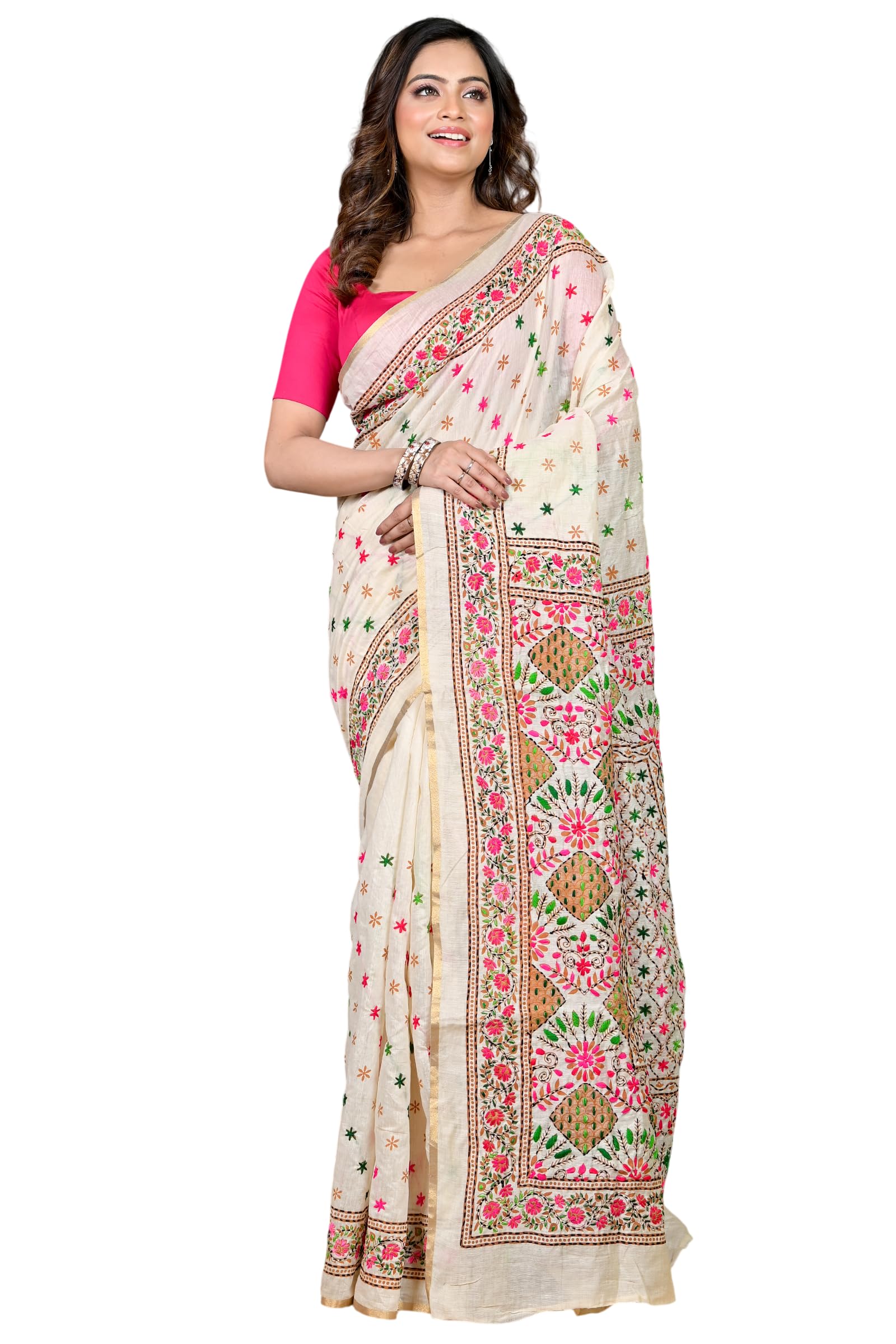 dipdiya Cotton Traditional Bengali White Kantha Stitch Saree with blouse piece-picture-11