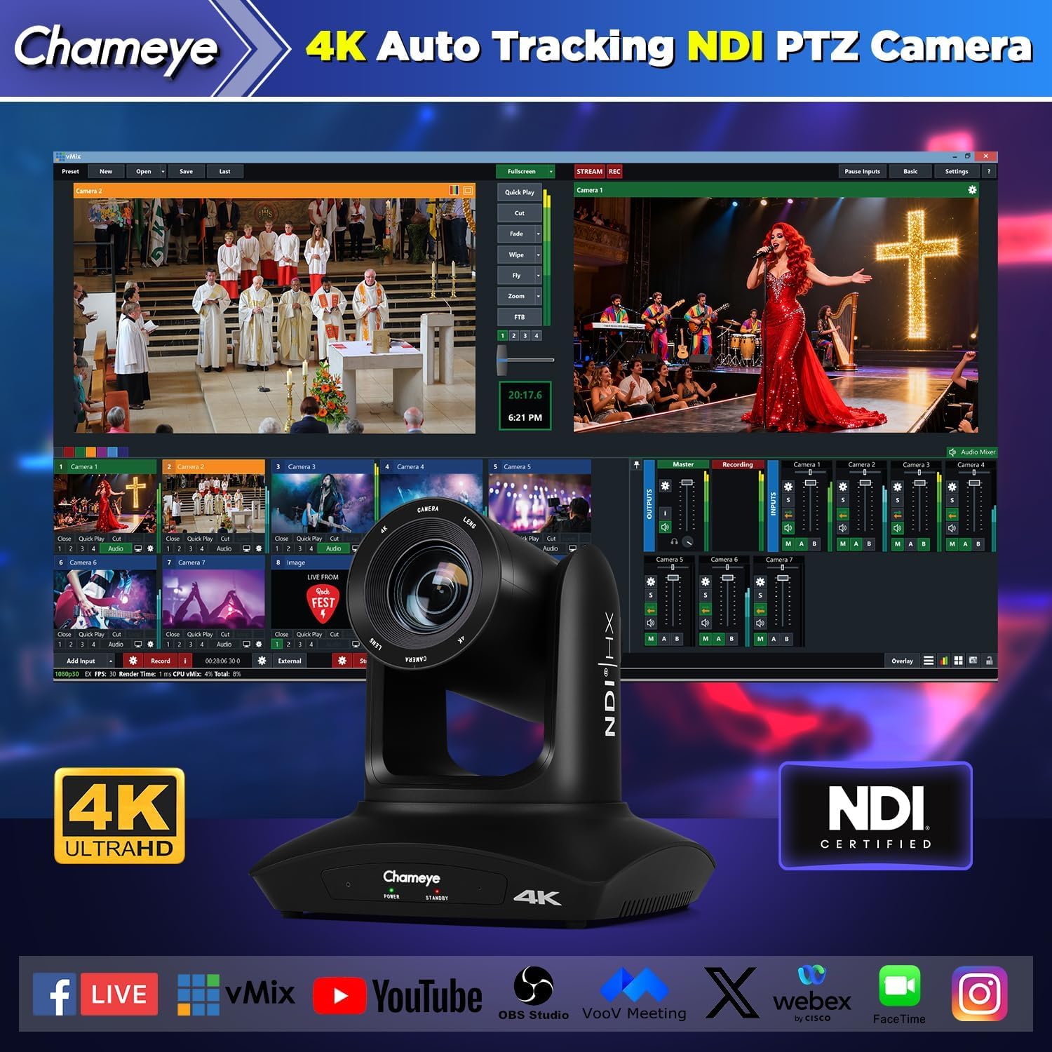Chameye Telecamera PTZ 4K con NDI, Tracciamento AI-Automatico, Zoom Ottico 20X (Zoom ibrido 30x), Certificazione NDI HX, HDMI/USB 3.0/LAN, per Chiesa, Culto, Istruzione, Conferenze, Nero (C420T)