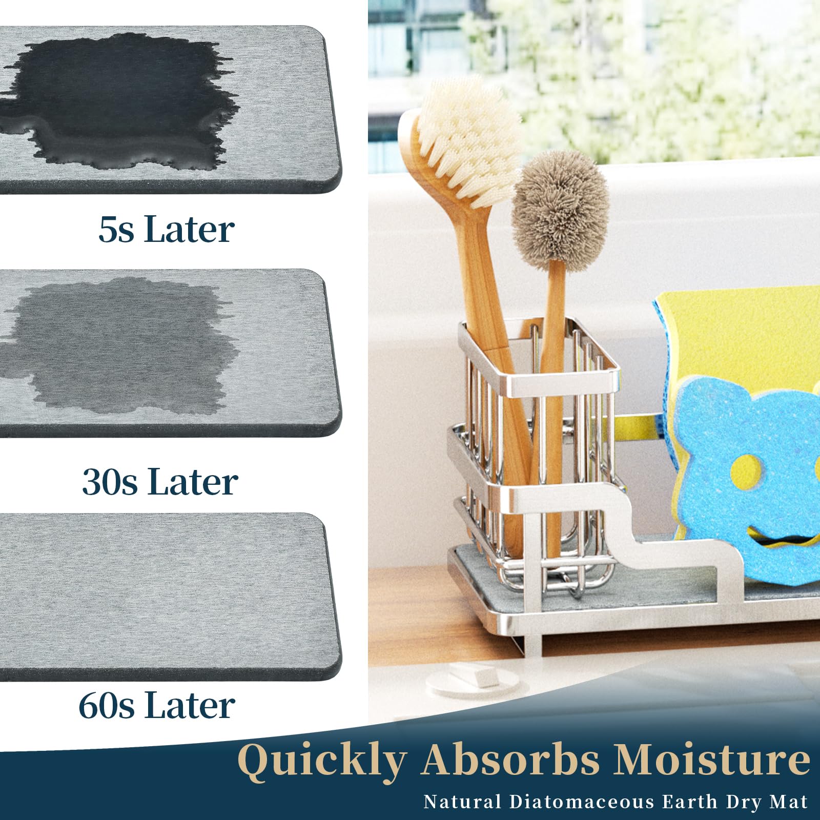 Consumest Sponge Holder for Kitchen Sink - Sink Caddy Organizer with Water Absorbing Stone Tray, Detachable Brush Holder, Stainless Steel Kitchen Counter Organizer Rack, Silver