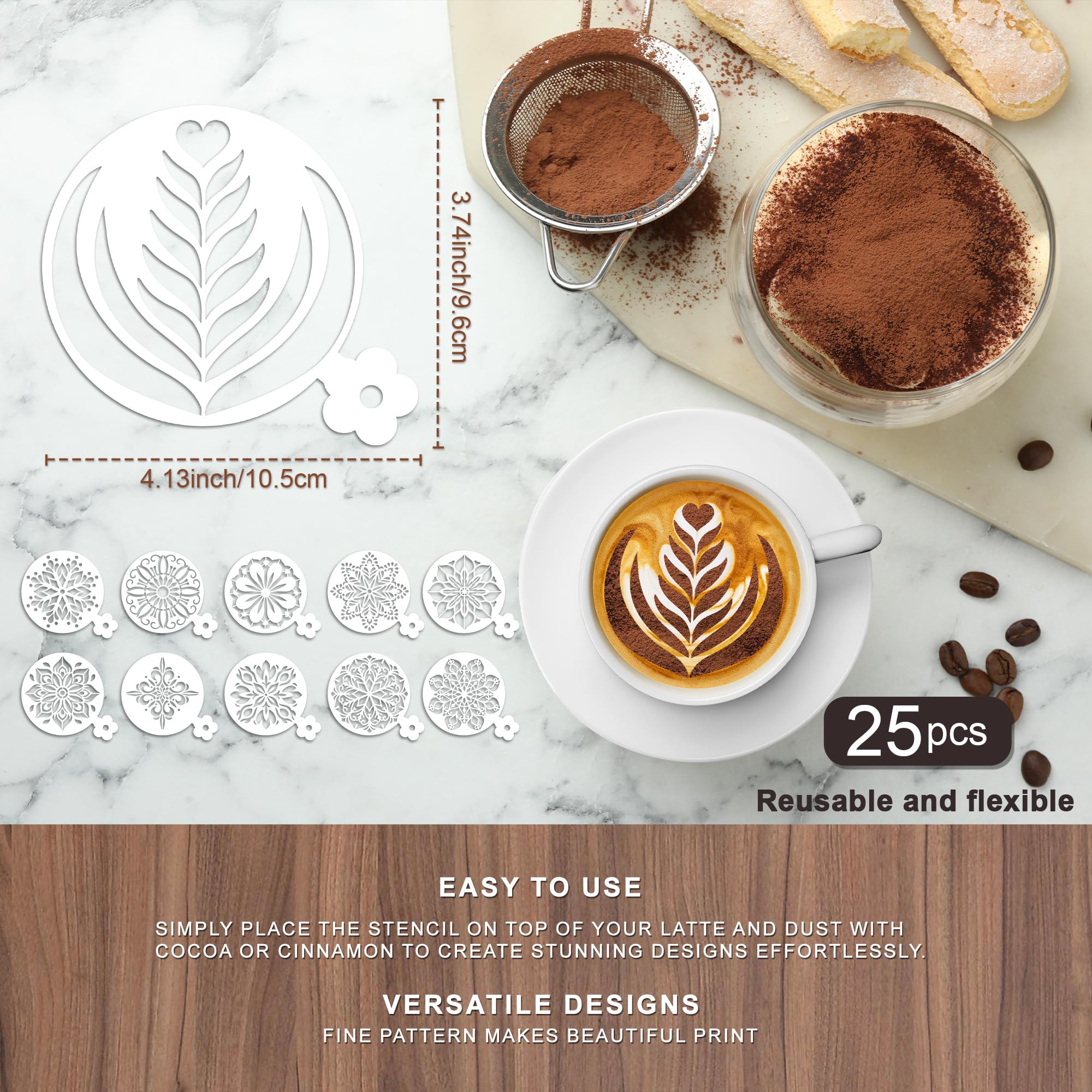 Sitsink Plantillas de café con diseño de mandala, 25 unidades, plantillas de galletas de arte de mandala para decoración de pastel de café, pan, plantilla reutilizable para decoración de masa madre