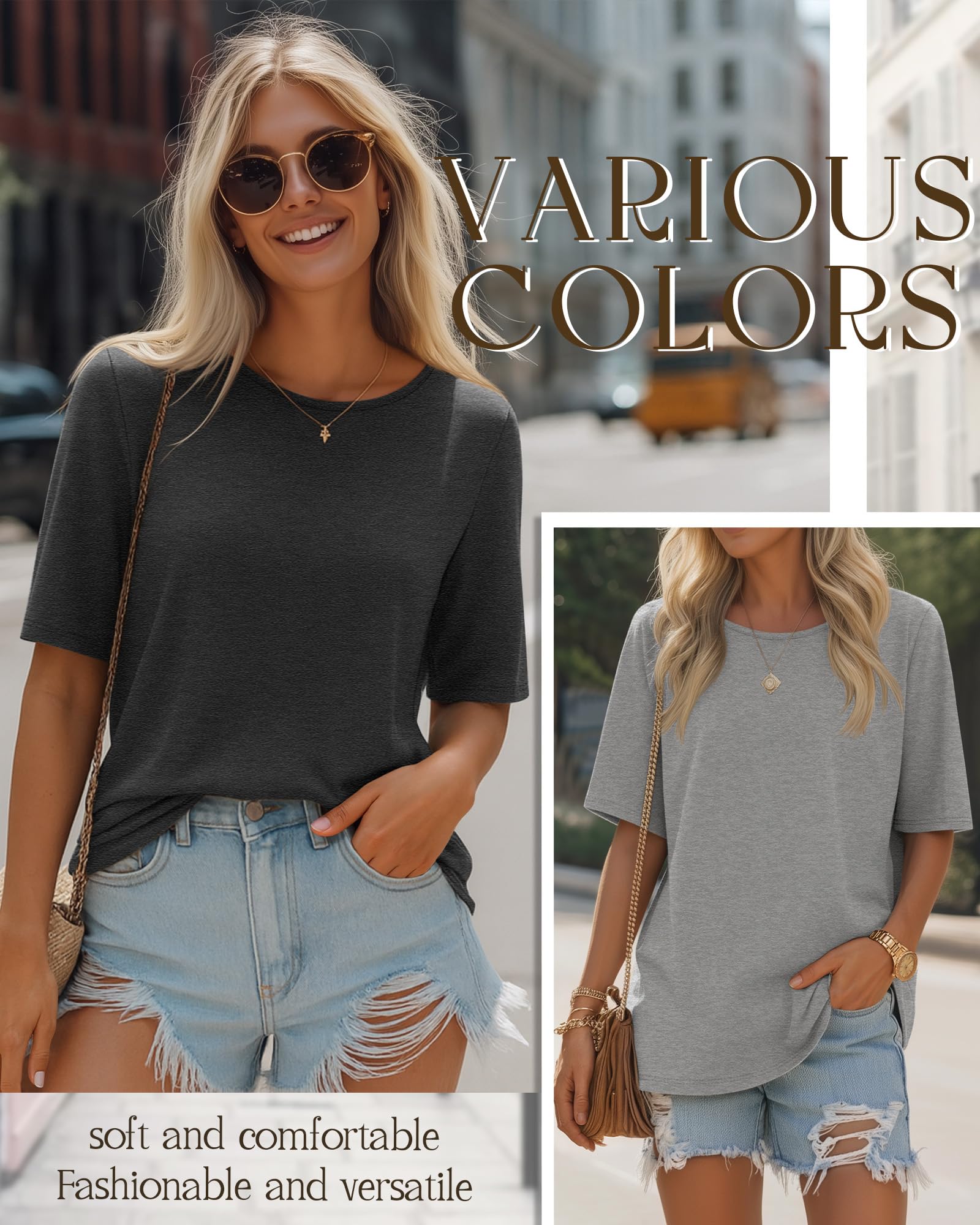 Neer Lot de 4 T-Shirts à Manches Courtes pour Femmes, Longueur Coude, Col Rond, Basiques en Coton, Blouses d'Été