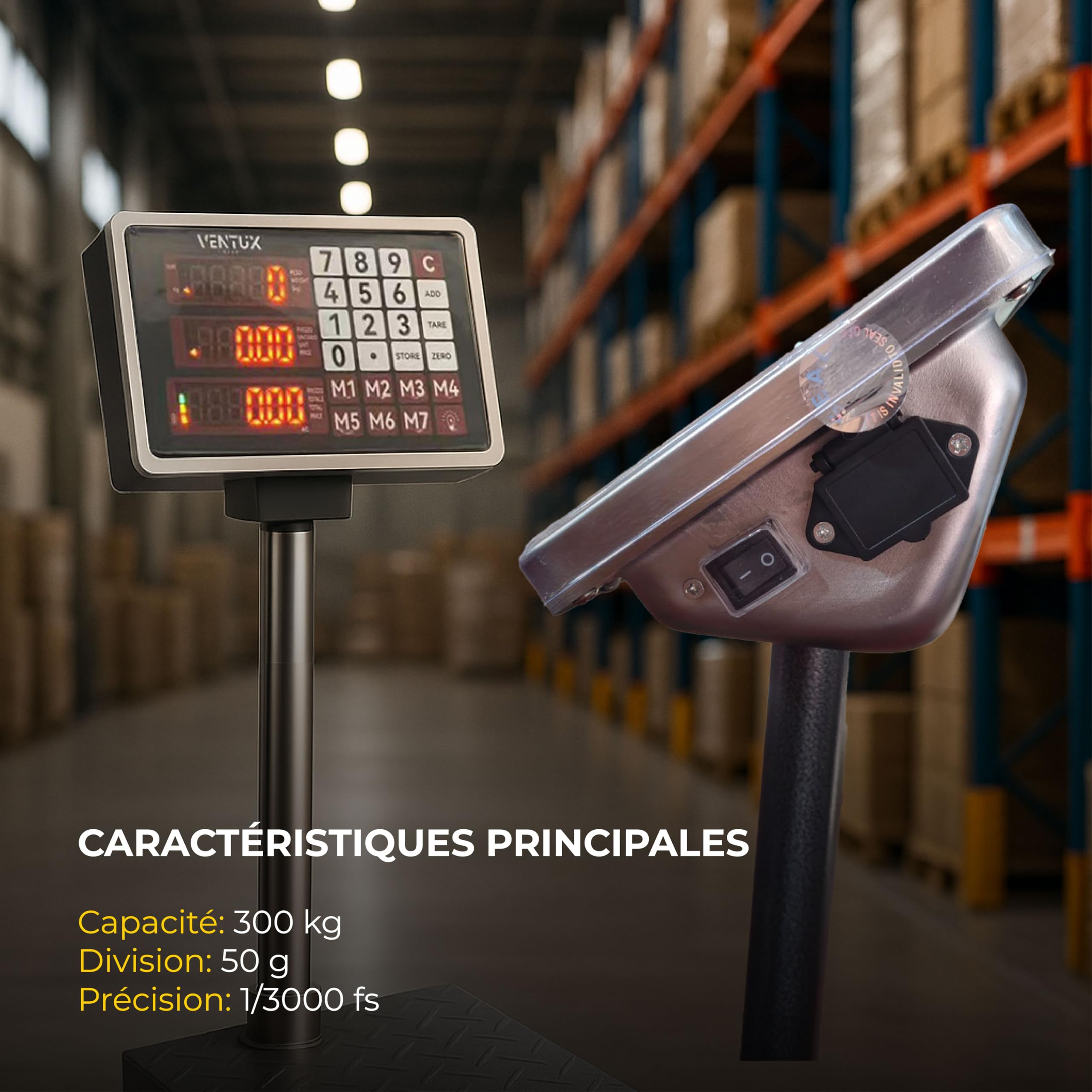 Balance électronique 300 kg Division – 50 g LCD Mémoire prix | Écran séparé · Rétroéclairage · Double alimentation · Arrêt automatique · Conforme 2014/35/UE · ce