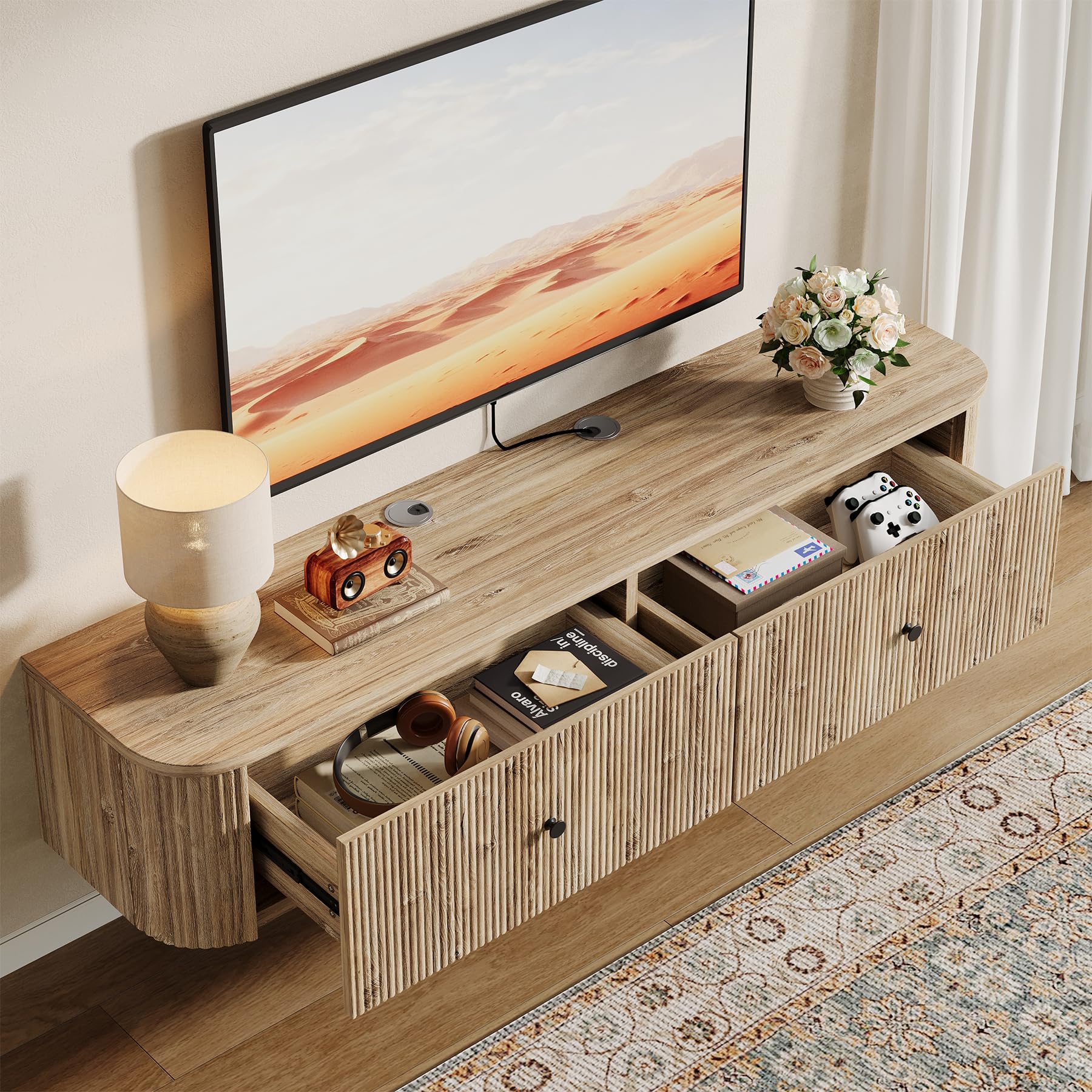 Tribesigns Mobile TV sospeso da parete, console TV da 140 cm con 2 cassetti scanalati, moderna tavola multimediale sospesa per soggiorno, camera da letto, rovere