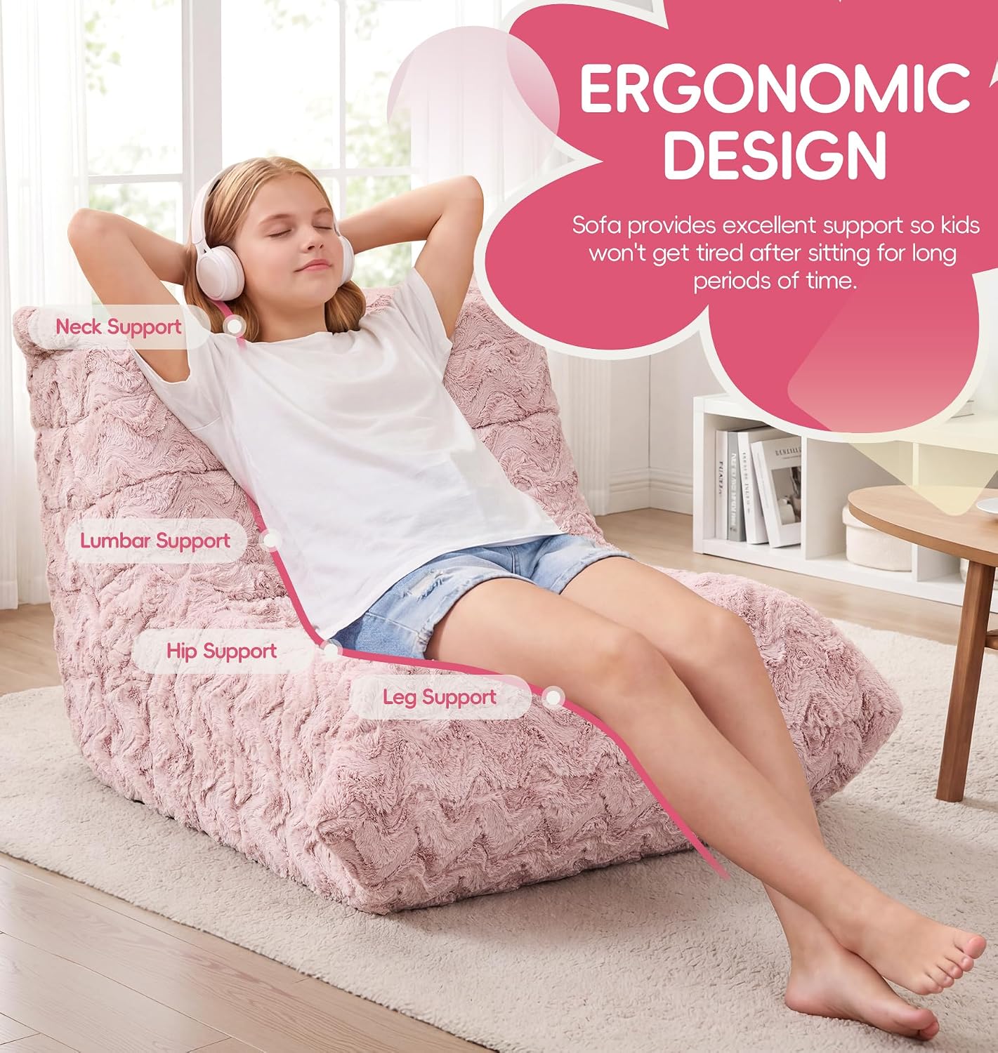 Hobestluk Bean Bag Chair with Memory Foam Ultra Soft Faux Fur Fabric Ergonomic Design Small Bean Bag Couch Beanbag Chair for Living Room Bedroom Playroom(Pink Chevron Medium) thumbnail