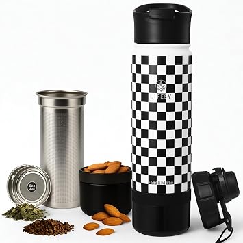 Cold Brew & Tea Infuser Bottle 18oz Travel Water Bottle with Storage, Dual Lids & Coffee Filter Fruit Water & Coffee Maker FLASKMATE All-in-One System Classic Chess