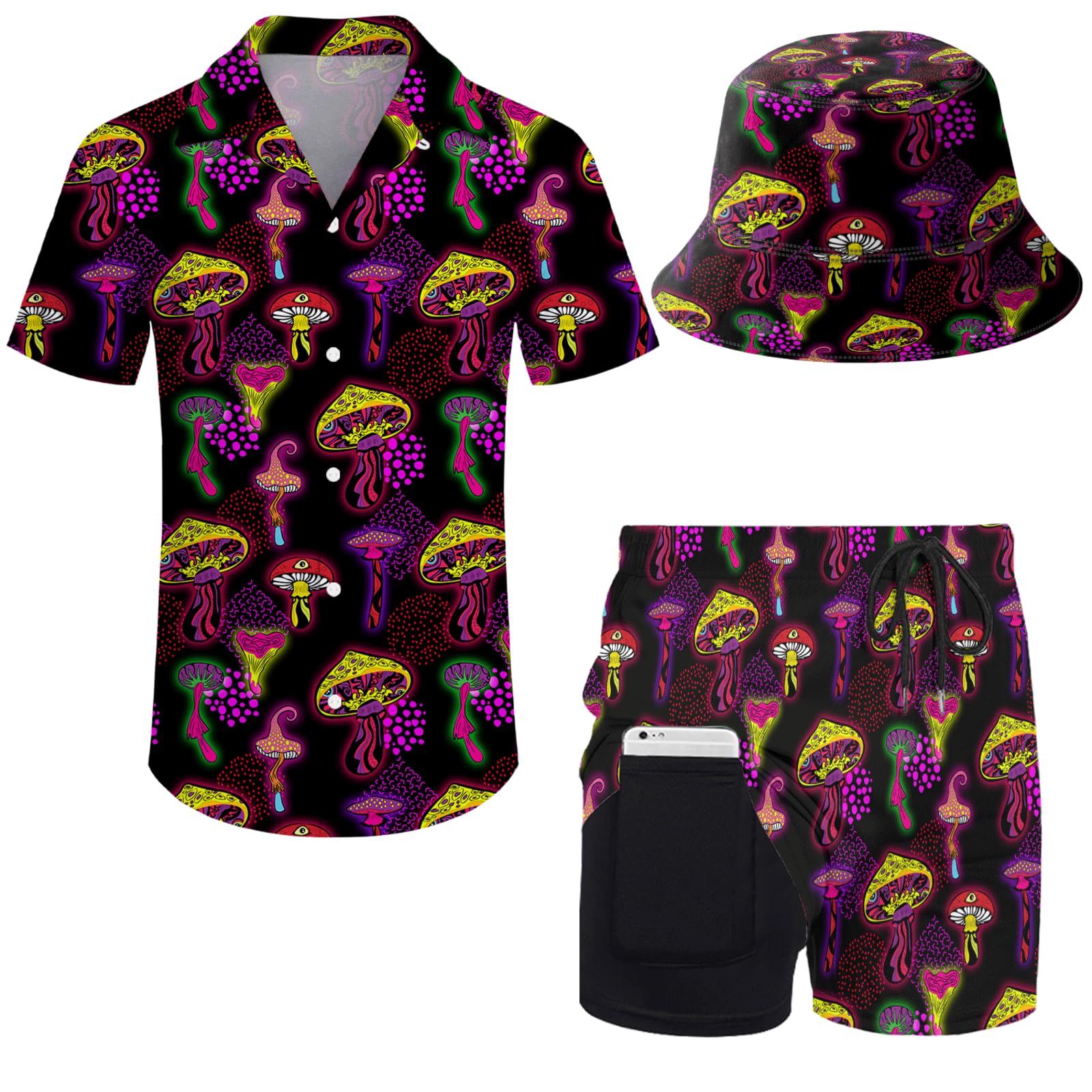 PUBDSKBLDE Mens Hawaiian Sets Shirt Suit Beach Shirt And Shorts with Bucket Hats