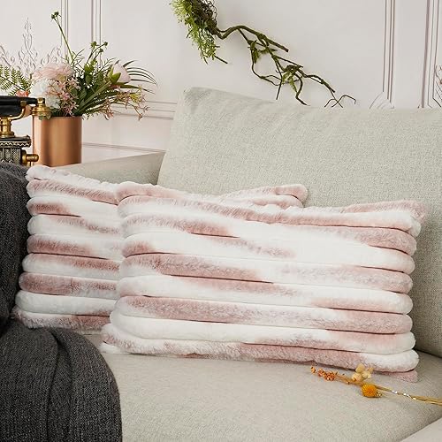 YOUR SMILE Juego de 2 fundas de almohada decorativas de terciopelo suave y acogedor a rayas, piel sintética de conejo, decoración neutra moderna