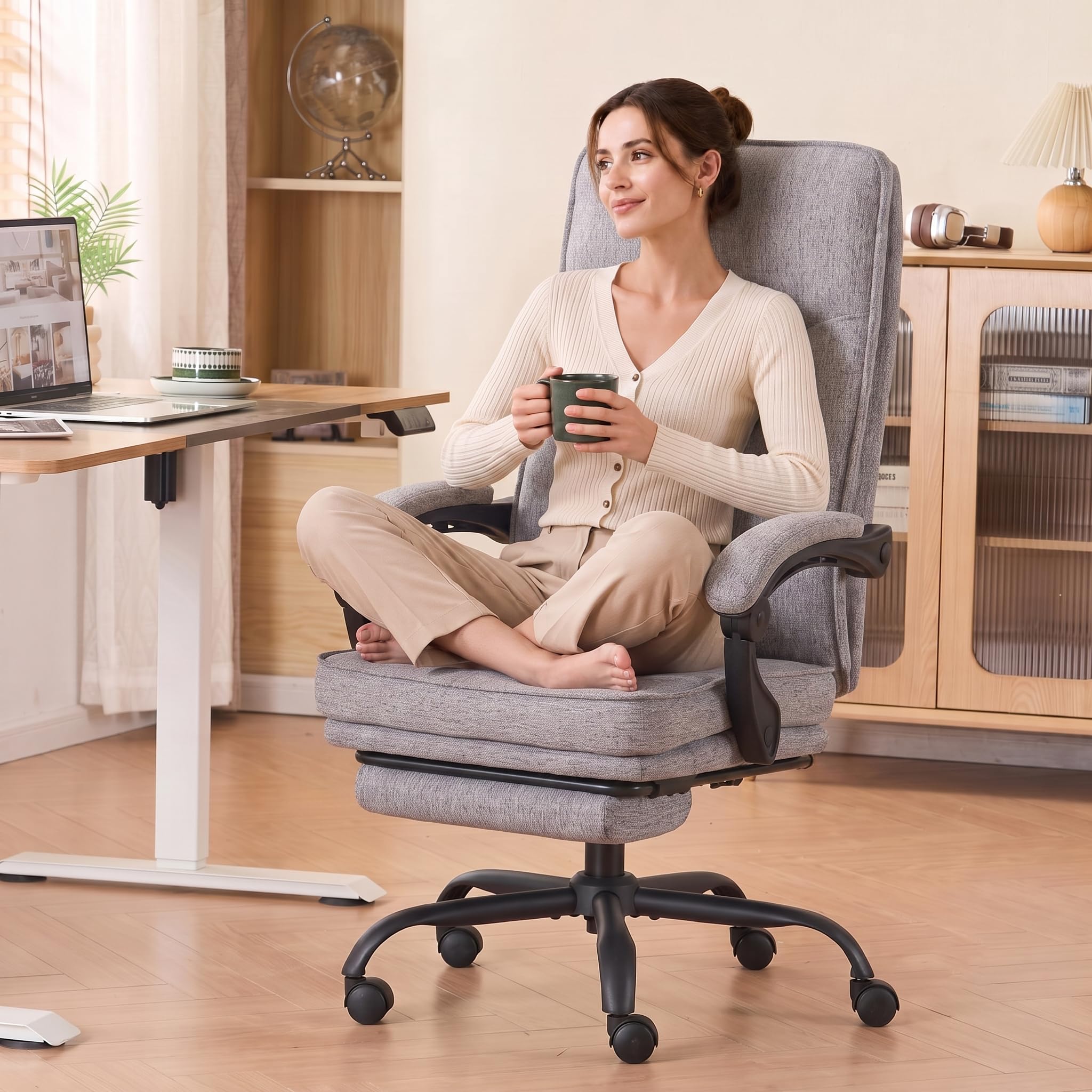 MZLEE Silla Escritorio con Reposapiés, Silla Oficina Reclinable, Gris